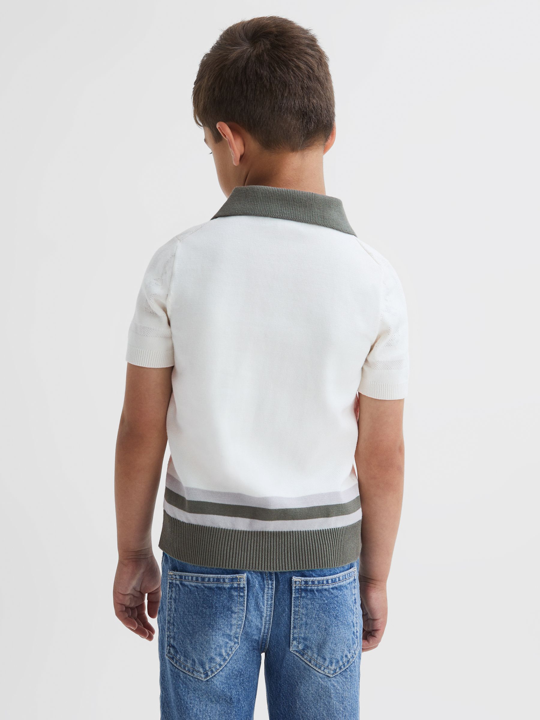 Junior Cotton Knitted Half-Zip Polo T-Shirt in Ecru/Green - Image 5 of 6
