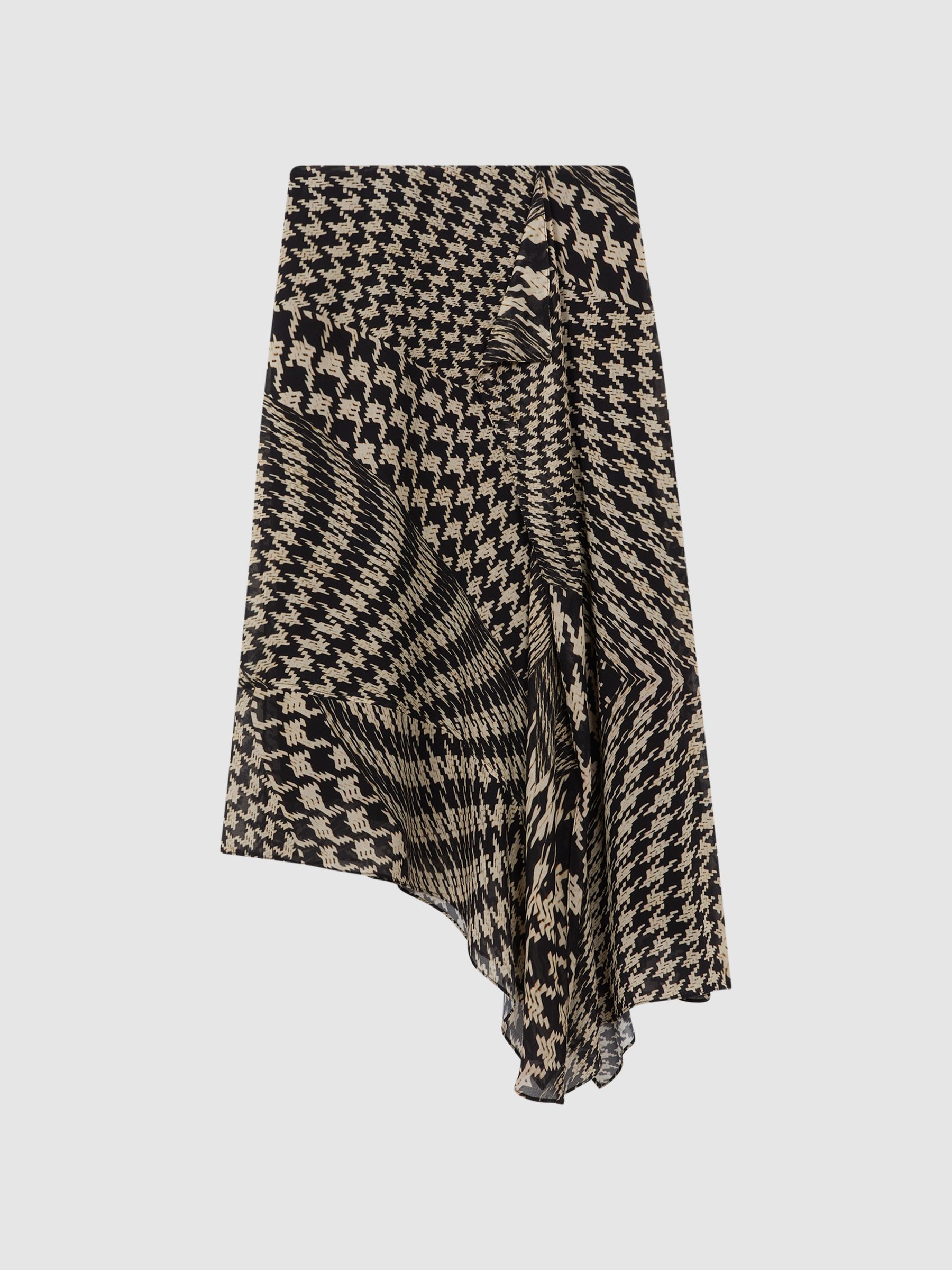 Dogtooth Asymmetric Midi Skirt in Black/White