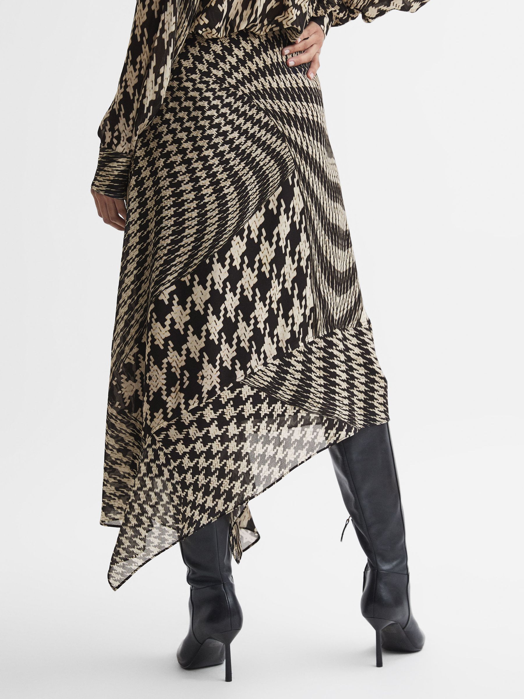 Dogtooth Asymmetric Midi Skirt in Black/White - image 5