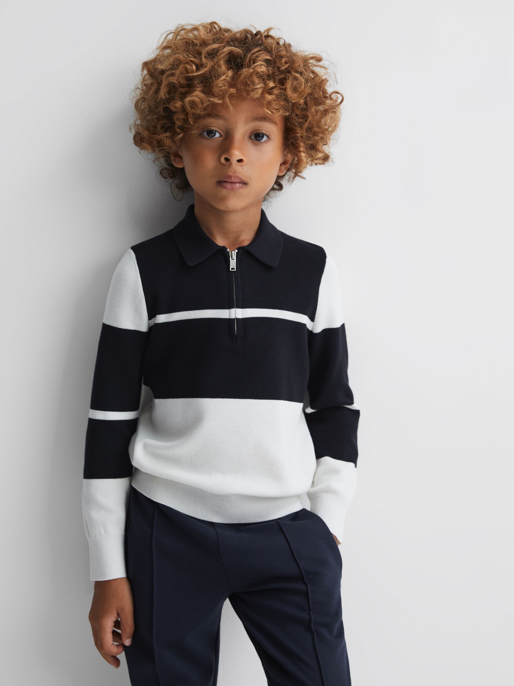 Senior Slim Fit Half-Zip Long Sleeve Polo Shirt in Navy/White - Image 3 of 6