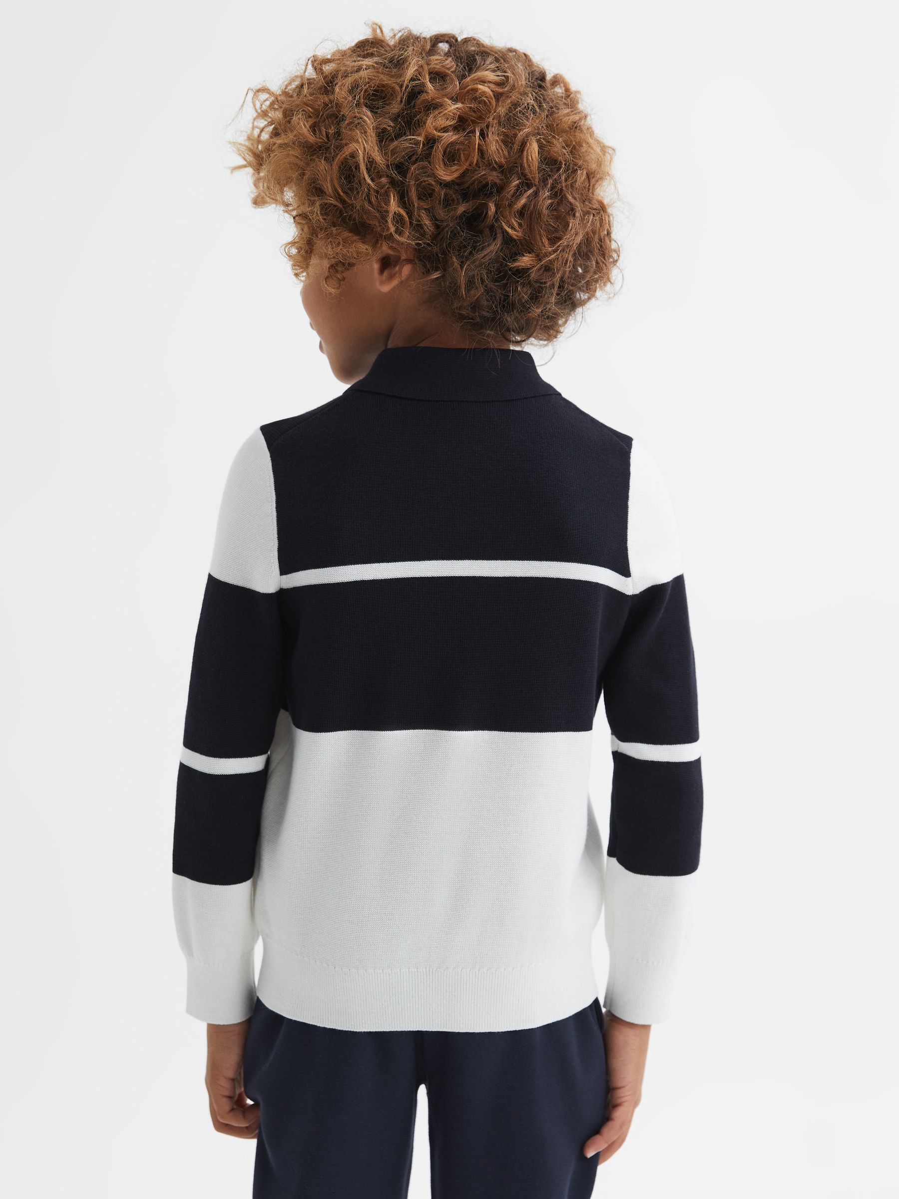 Senior Slim Fit Half-Zip Long Sleeve Polo Shirt in Navy/White - Image 5 of 6