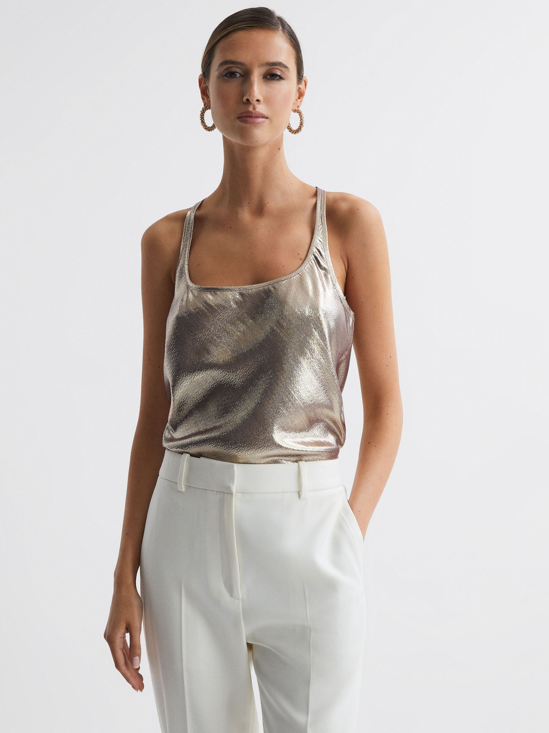 Metallic Scoop Neck Racerback Vest in Gold - Image 1 of 7