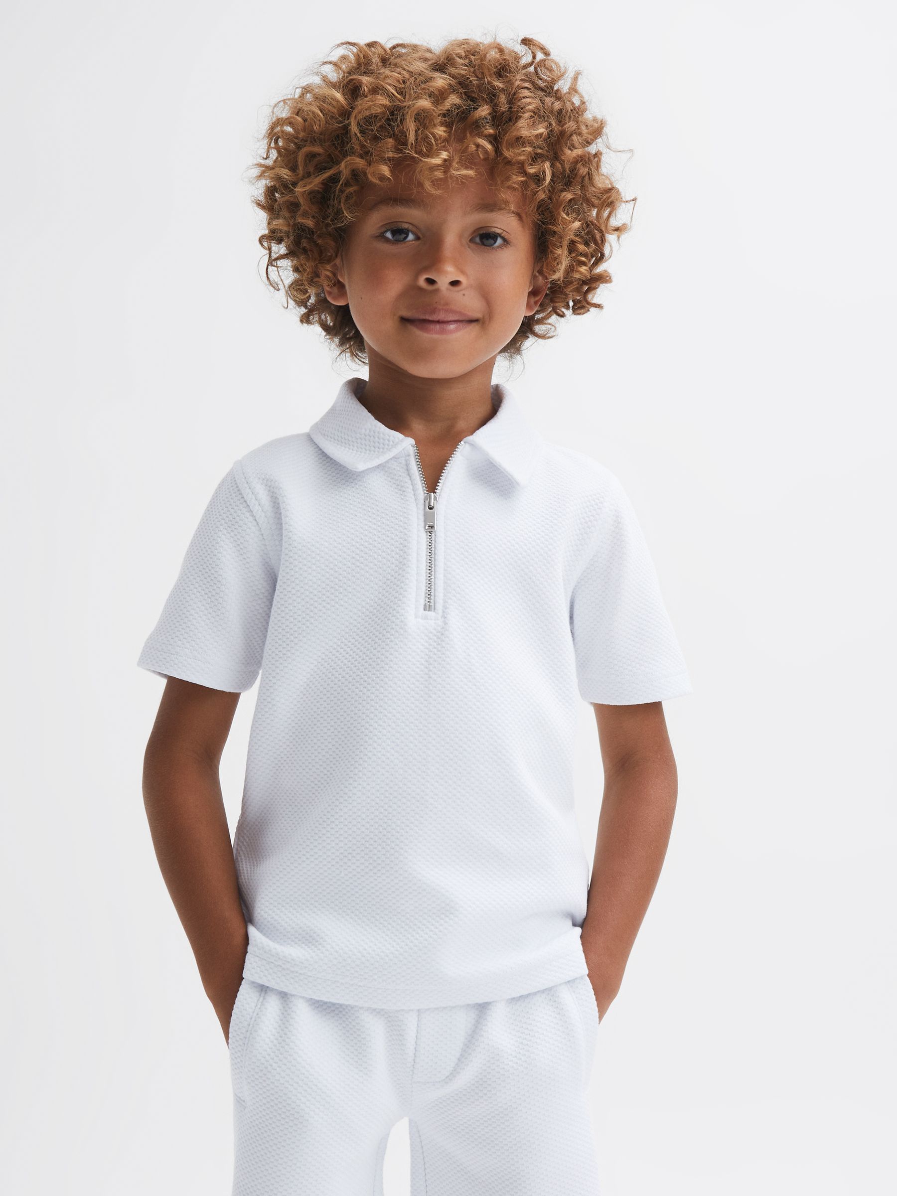 Junior Textured Half-Zip Polo Shirt in White - Image 1 of 6