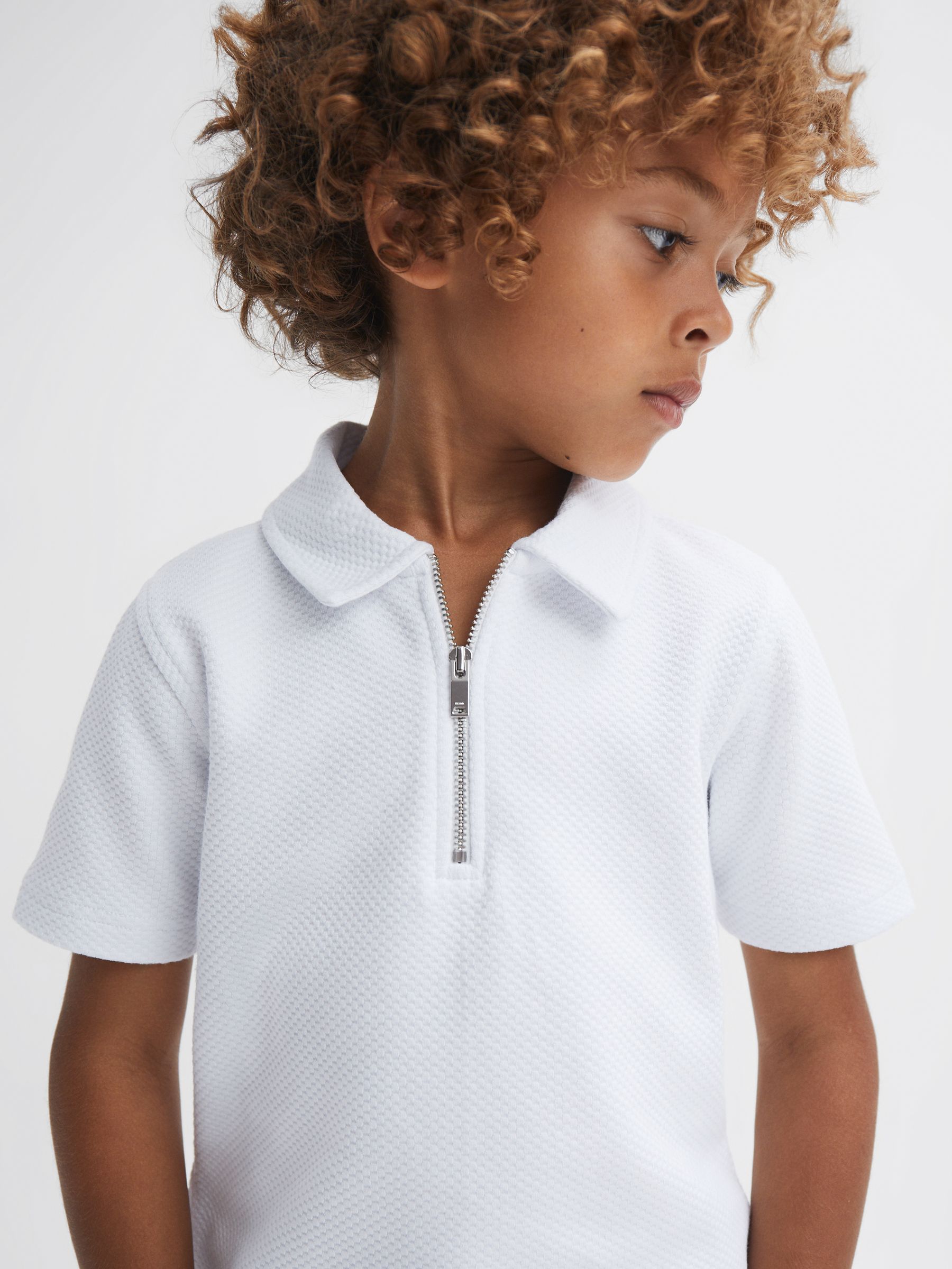 Junior Textured Half-Zip Polo Shirt in White - Image 4 of 6