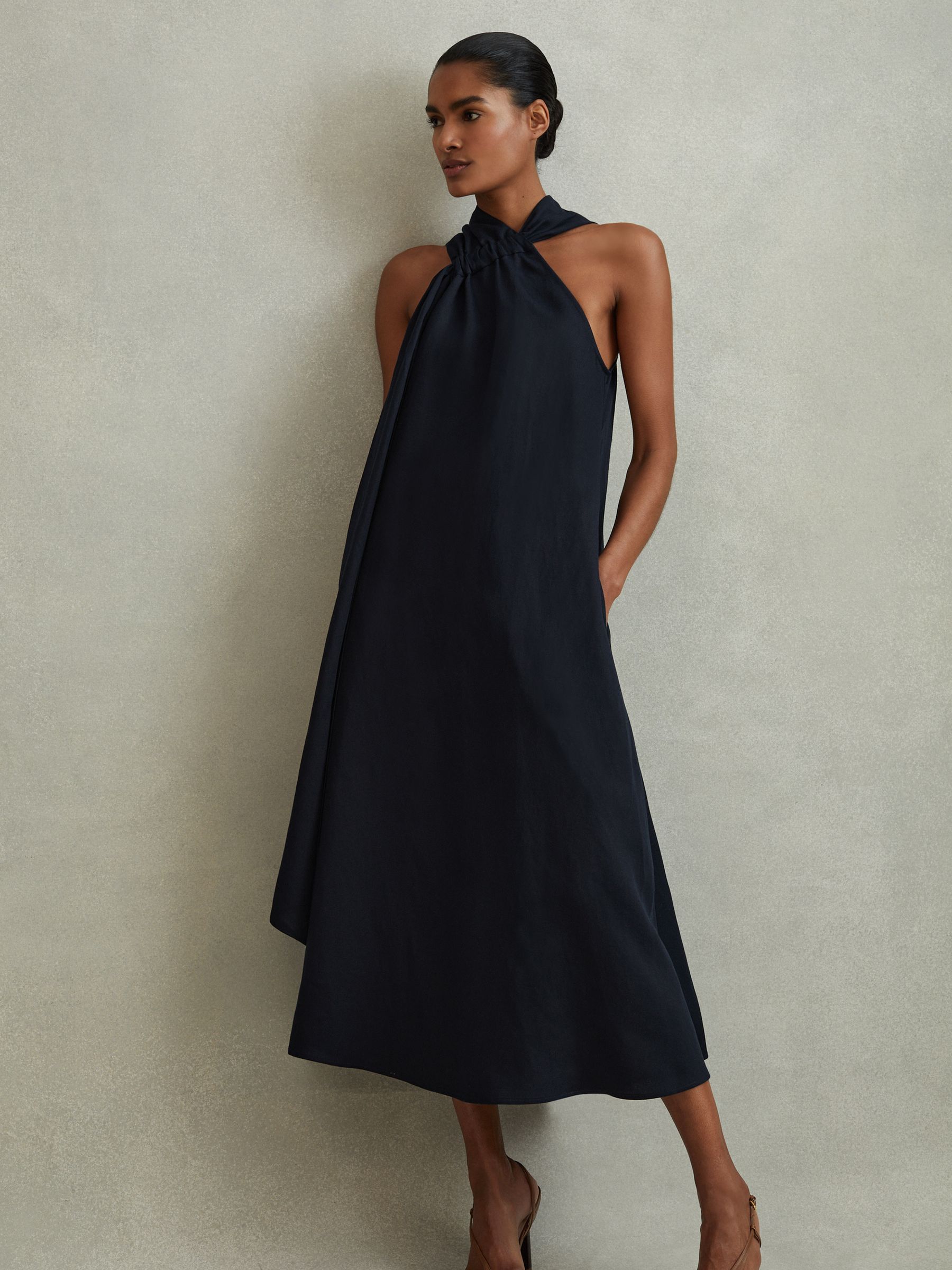 Linen Blend Drape Midi Dress in Navy - Image 1 of 6