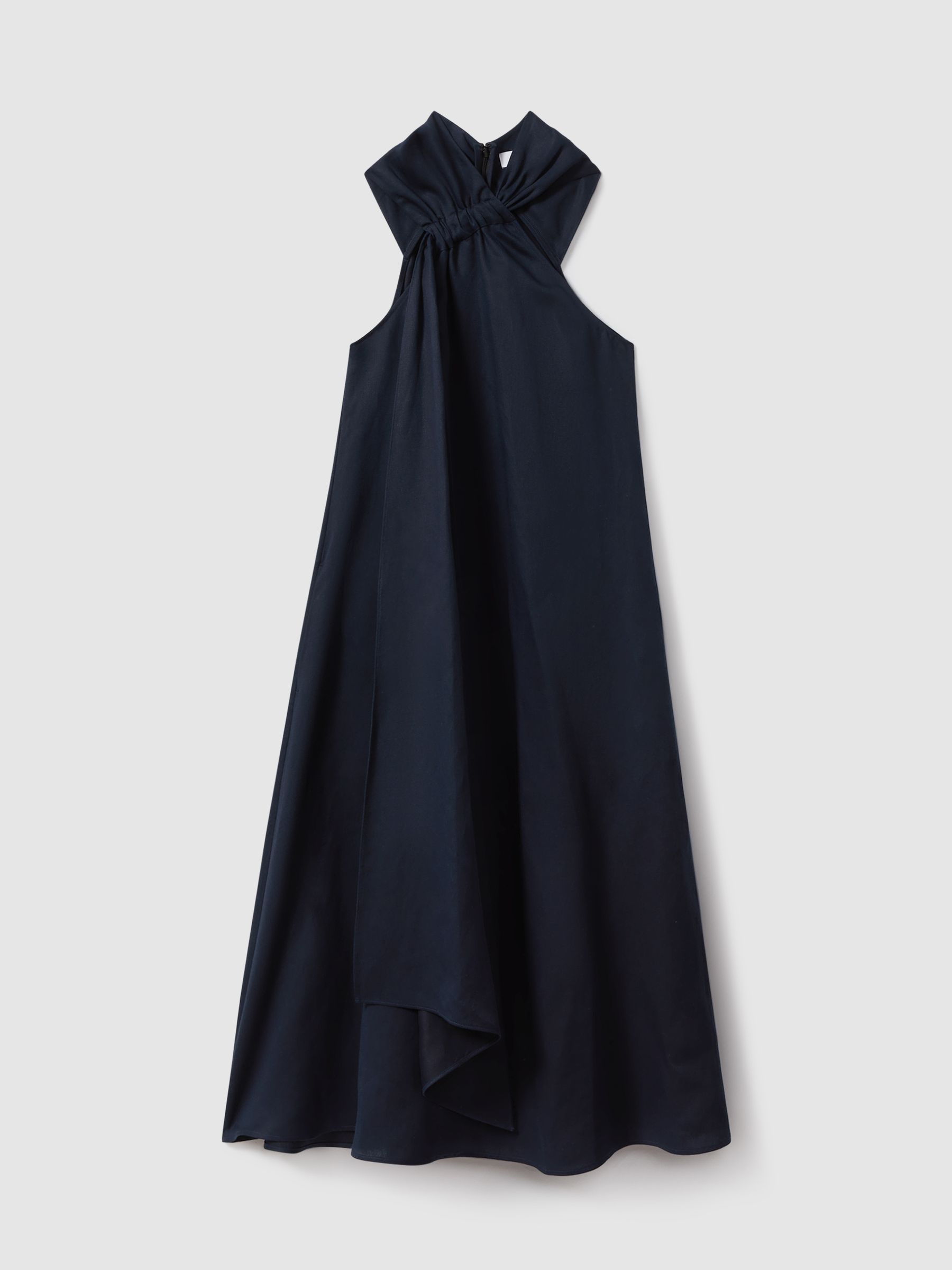 Linen Blend Drape Midi Dress in Navy - Image 2 of 6