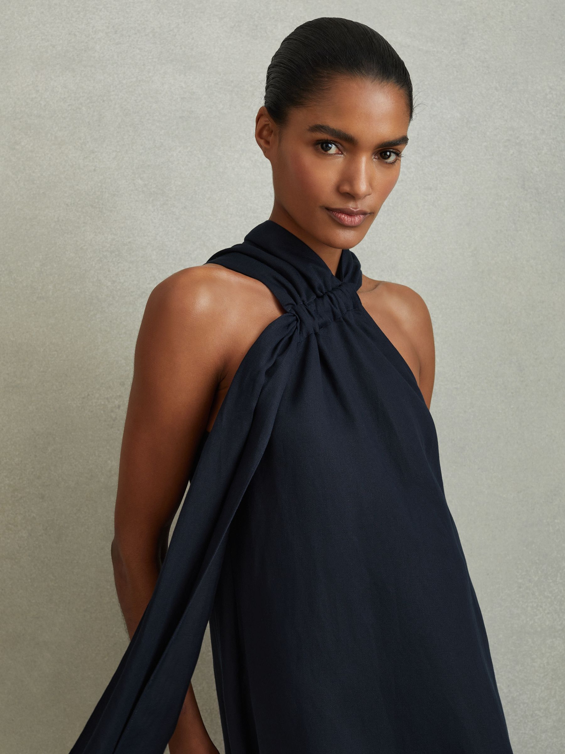 Linen Blend Drape Midi Dress in Navy - Image 3 of 6