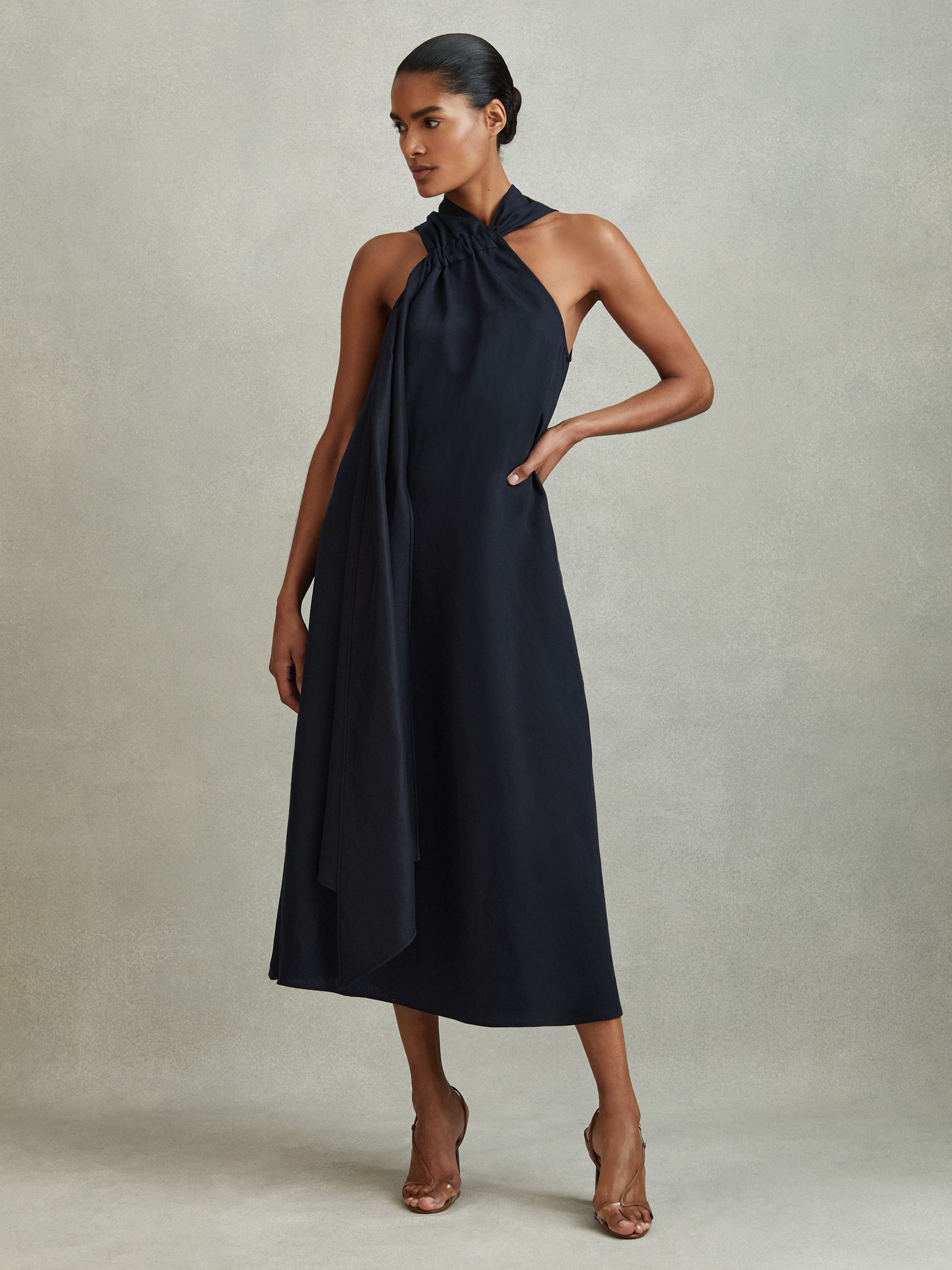 Linen Blend Drape Midi Dress in Navy - Image 4 of 6
