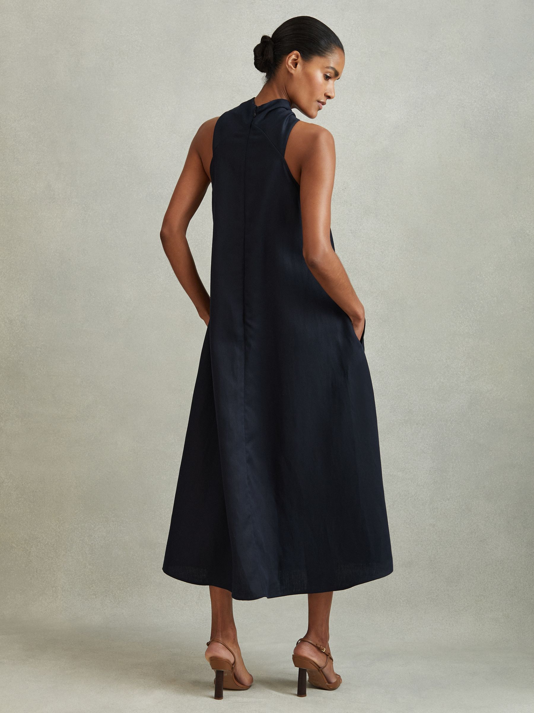Linen Blend Drape Midi Dress in Navy - Image 5 of 6