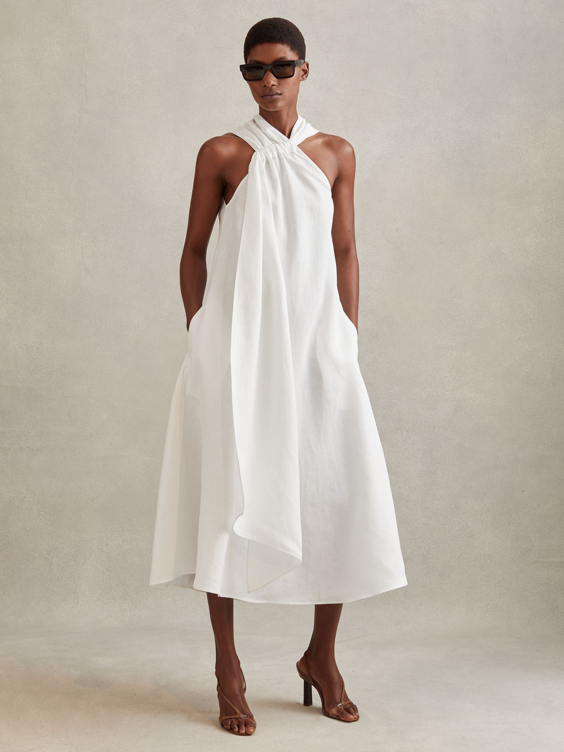 Reiss Linen Blend Drape Midi Dress in White REISS