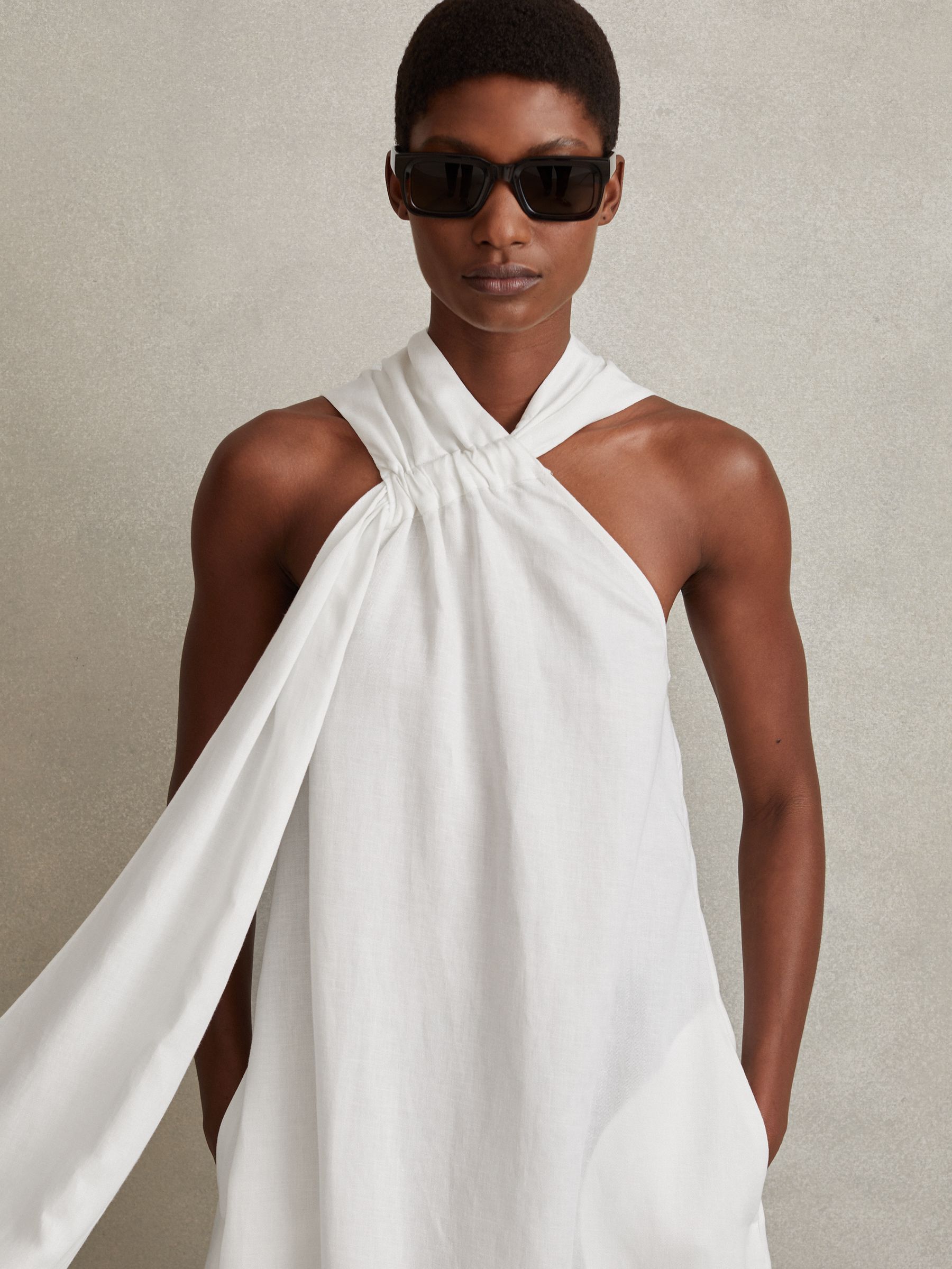 Linen Blend Drape Midi Dress in White - Image 3 of 5
