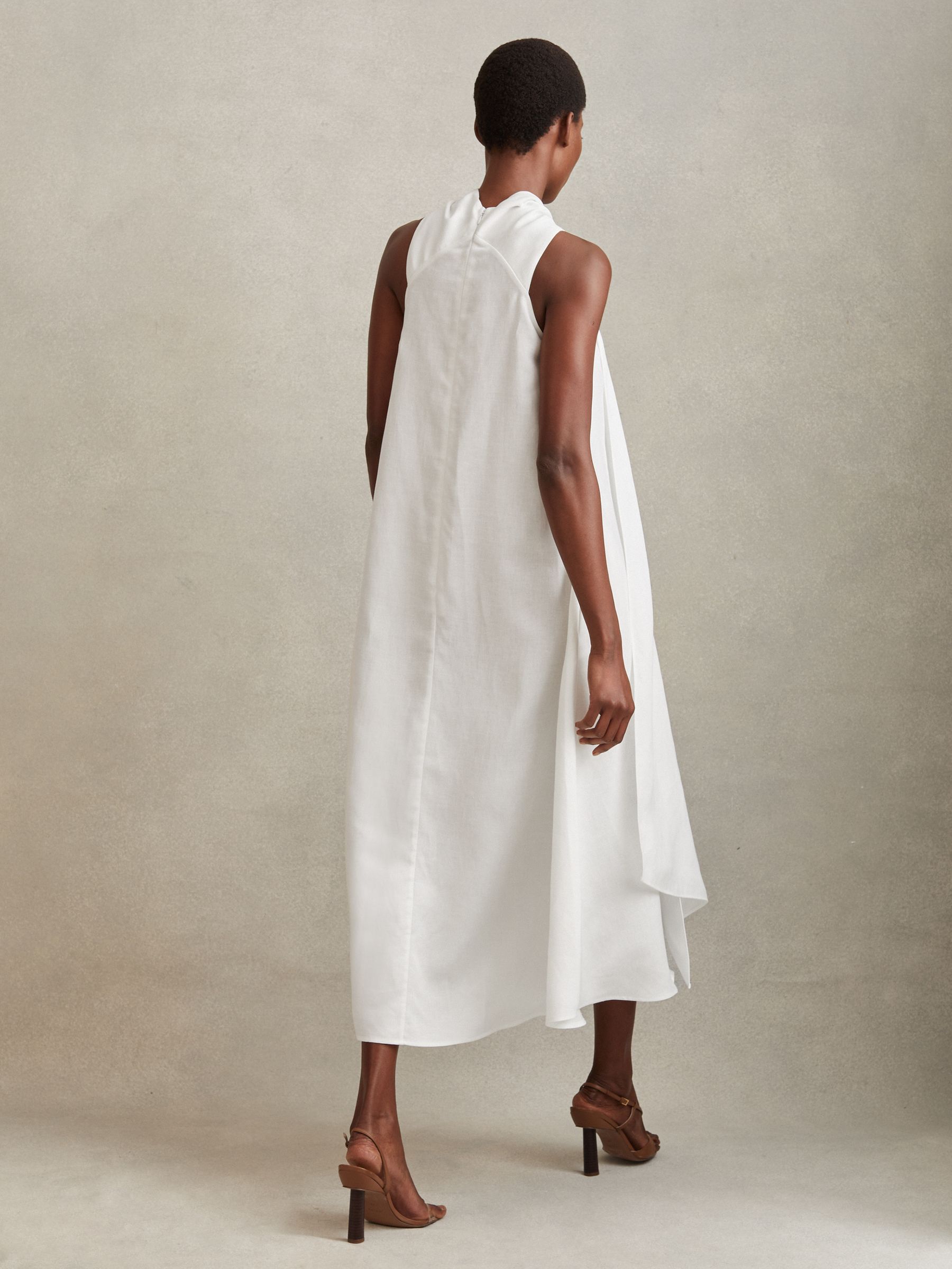 Linen Blend Drape Midi Dress in White - Image 4 of 5