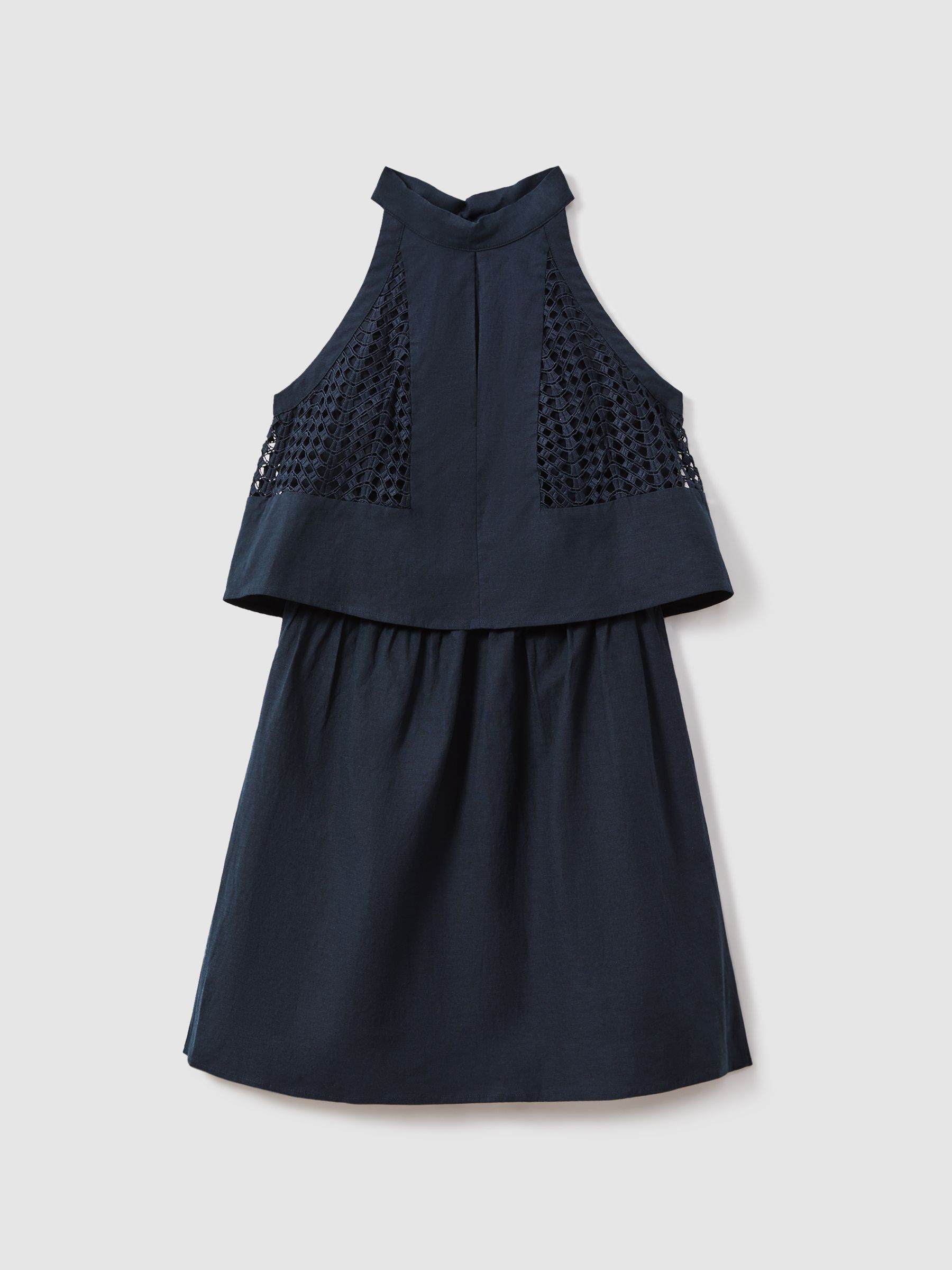 Broderie Halter Neck Mini Dress With Linen in Navy - Image 2 of 5