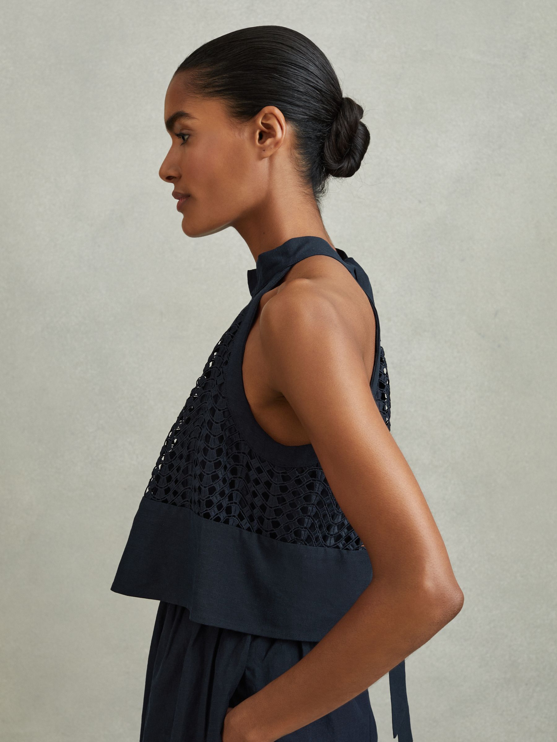 Broderie Halter Neck Mini Dress With Linen in Navy - Image 3 of 5