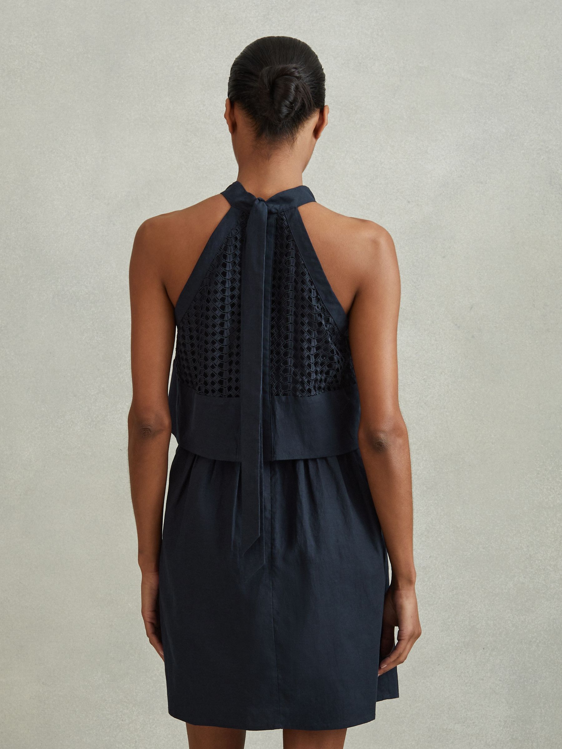 Broderie Halter Neck Mini Dress With Linen in Navy - Image 4 of 5