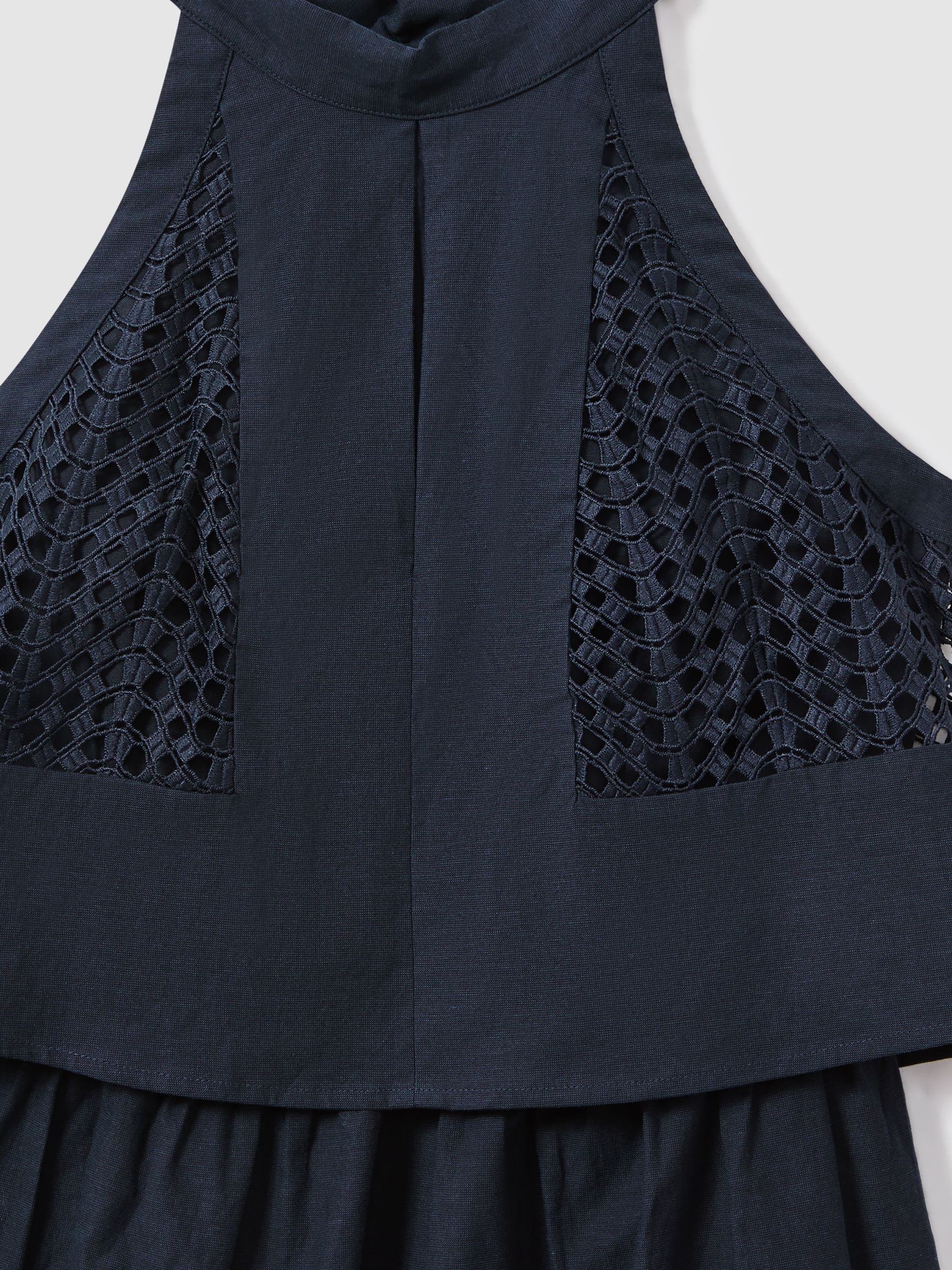 Broderie Halter Neck Mini Dress With Linen in Navy - Image 5 of 5