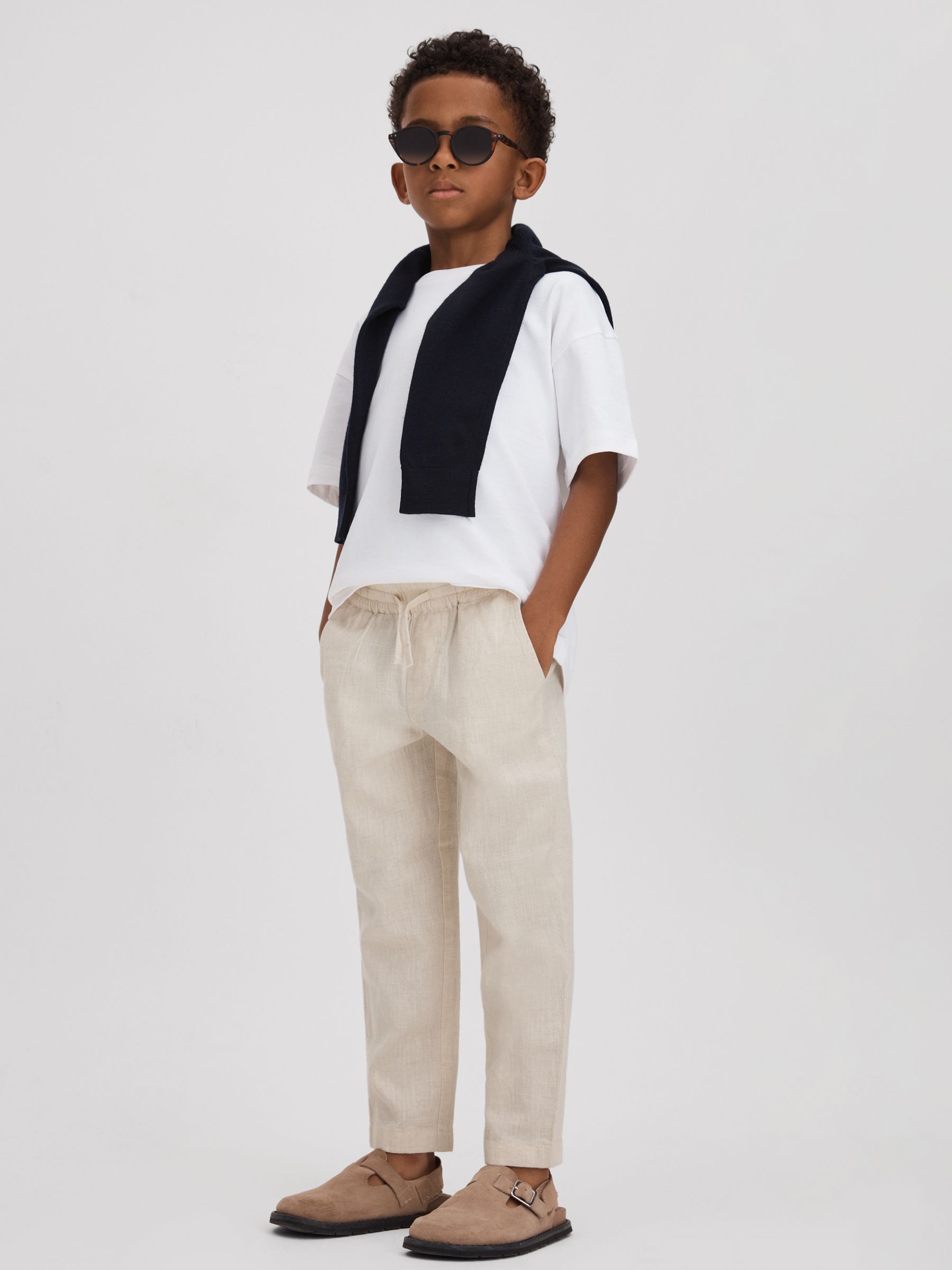 Junior Linen Drawstring Tapered Trousers in Stone - Image 1 of 4