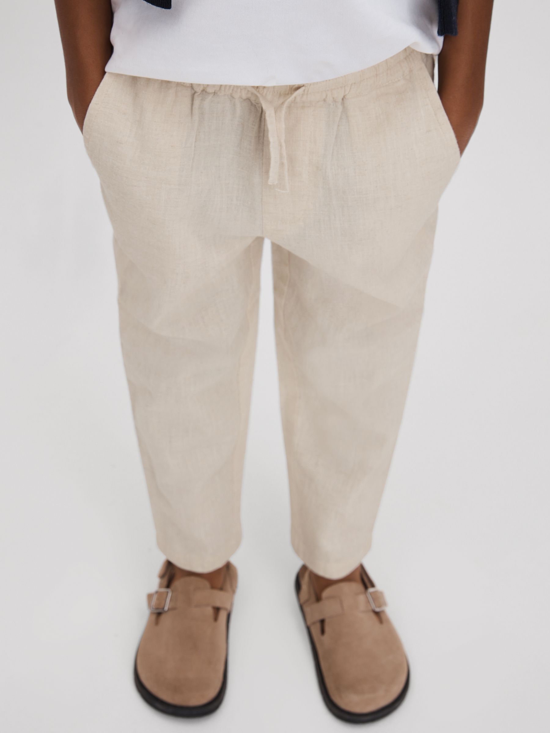 Junior Linen Drawstring Tapered Trousers in Stone - Image 3 of 4