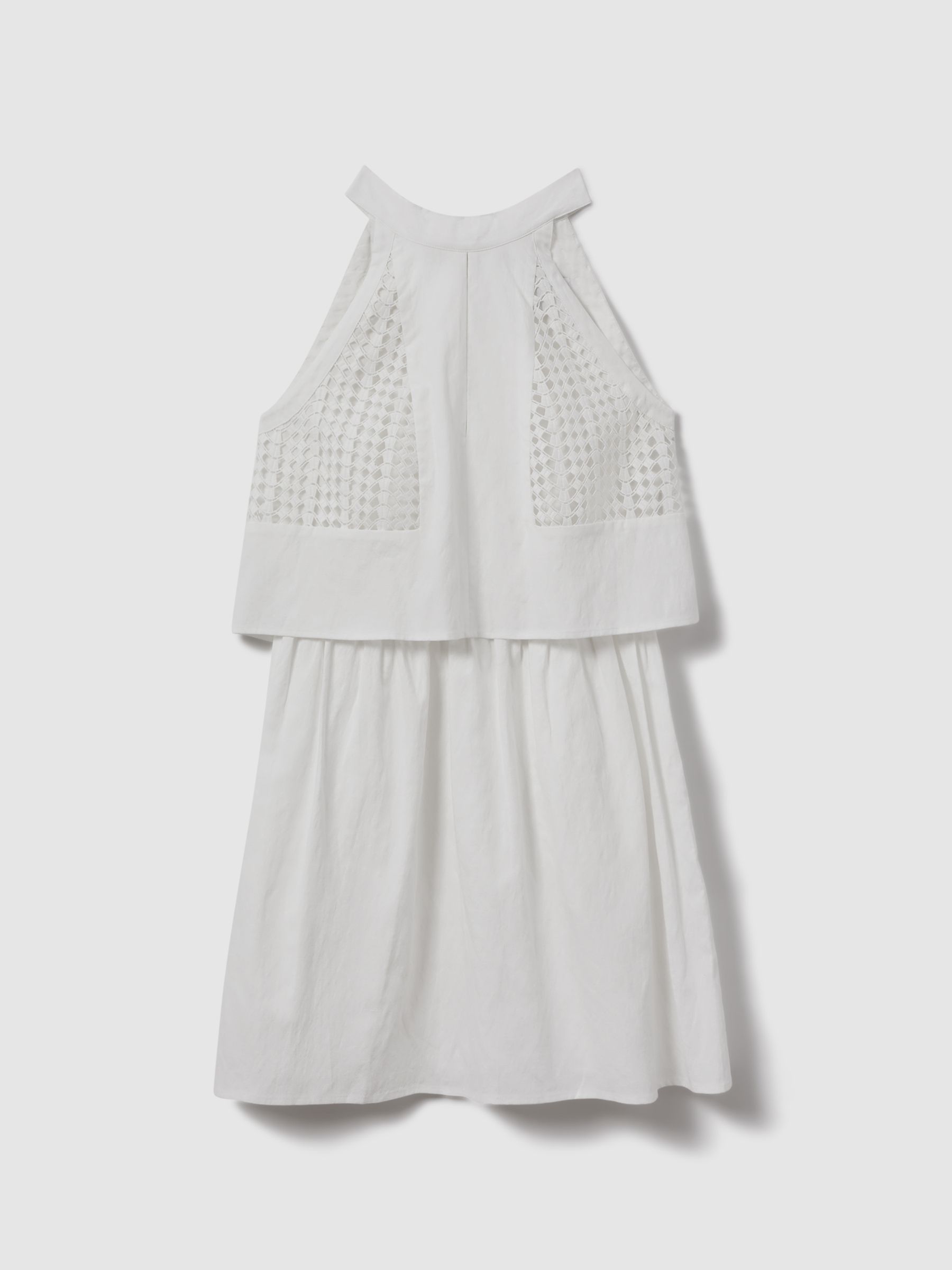 Broderie Halter Neck Mini Dress With Linen in White - Image 2 of 5