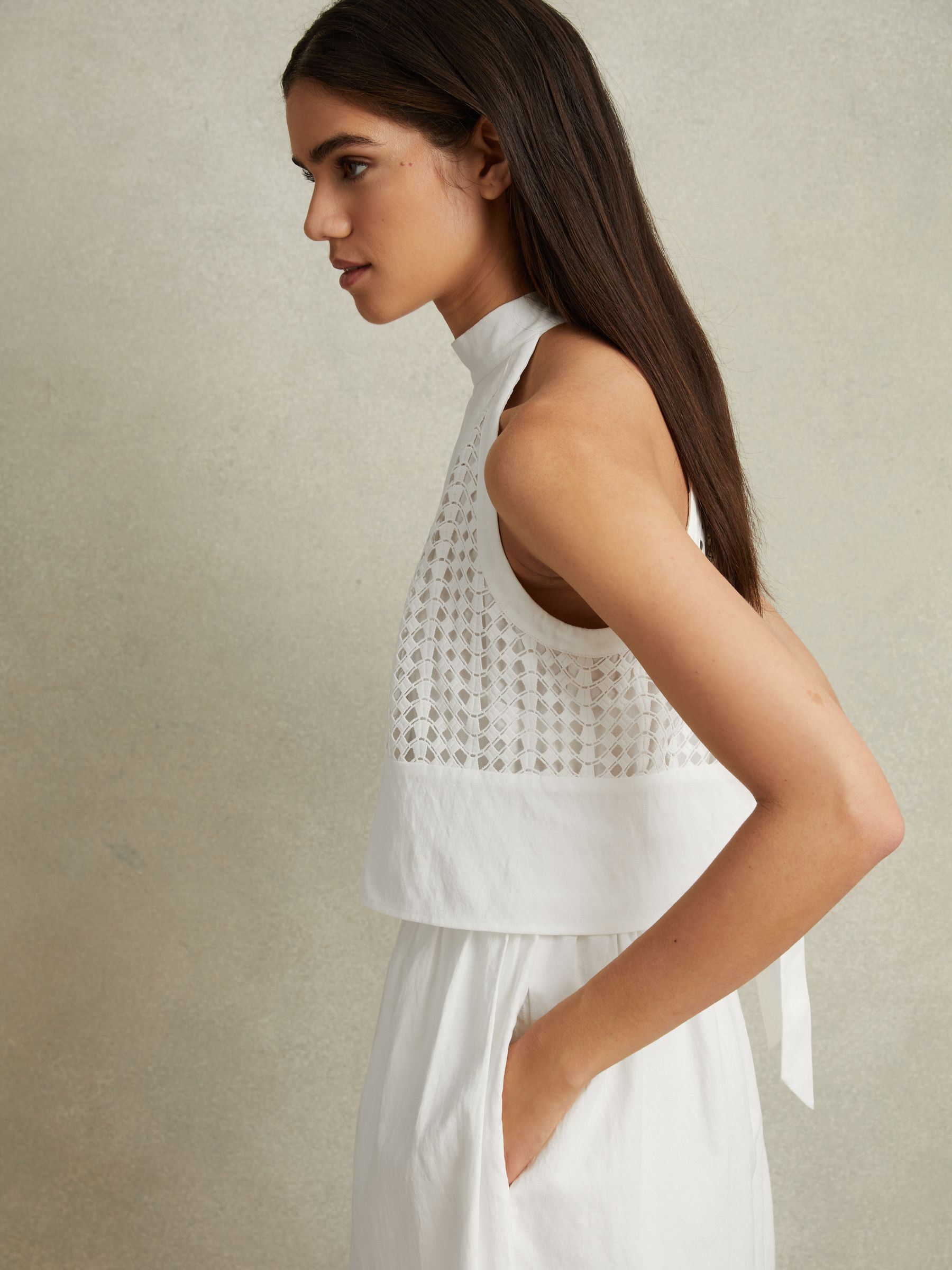 Broderie Halter Neck Mini Dress With Linen in White - Image 3 of 5