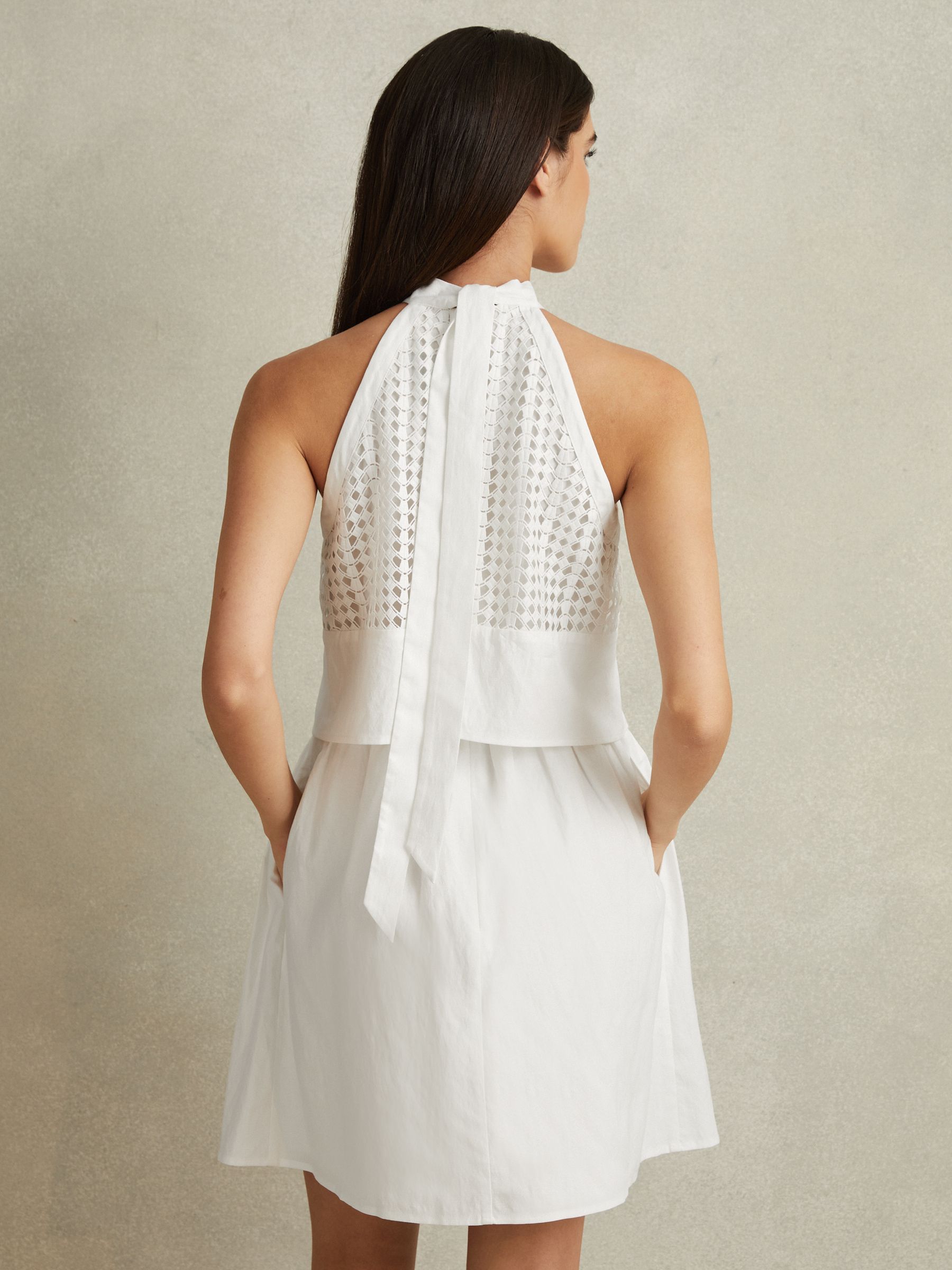 Broderie Halter Neck Mini Dress With Linen in White - Image 4 of 5