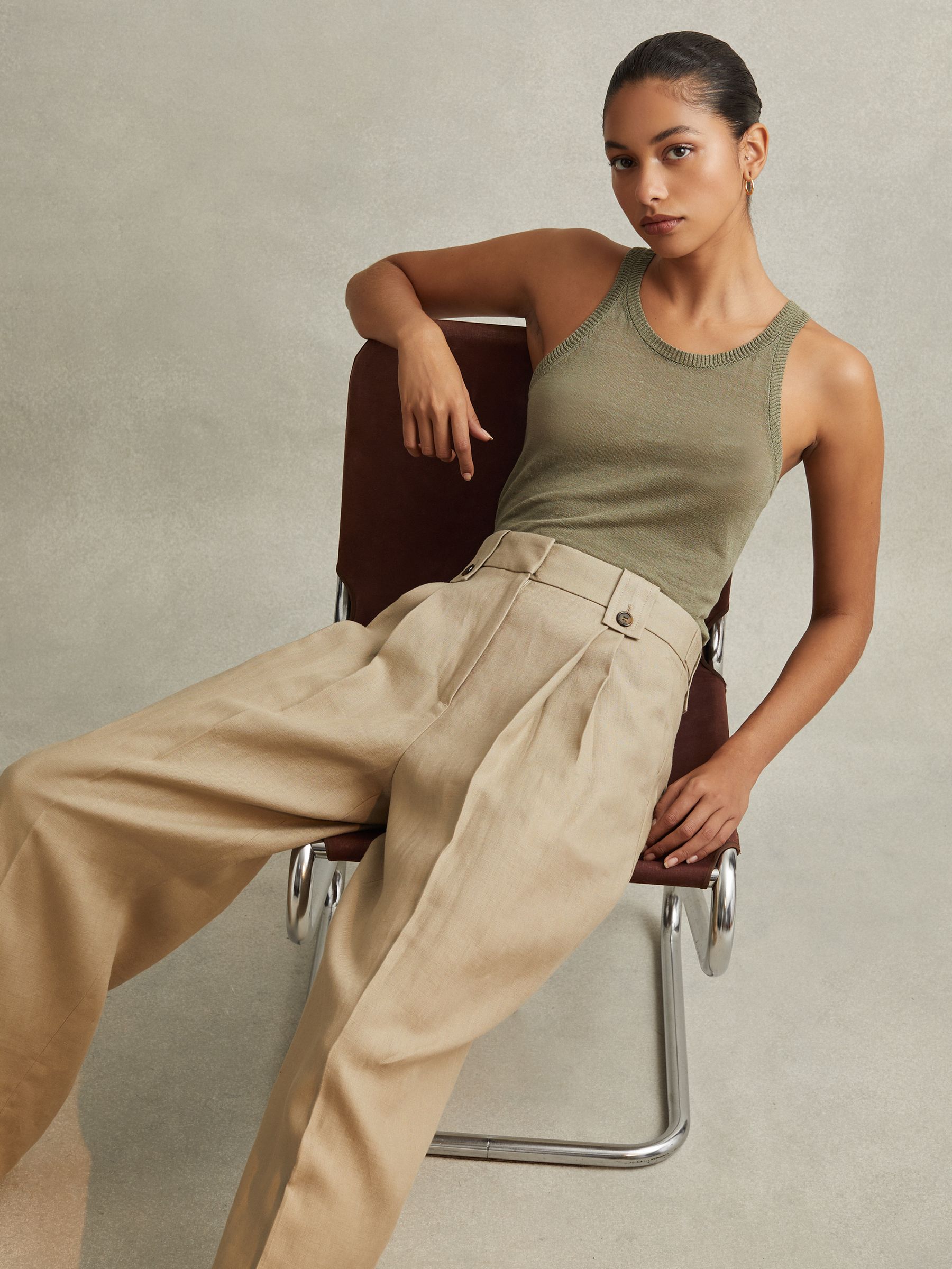 Petite Linen Front Pleat Trousers in Light Khaki - Image 1 of 7
