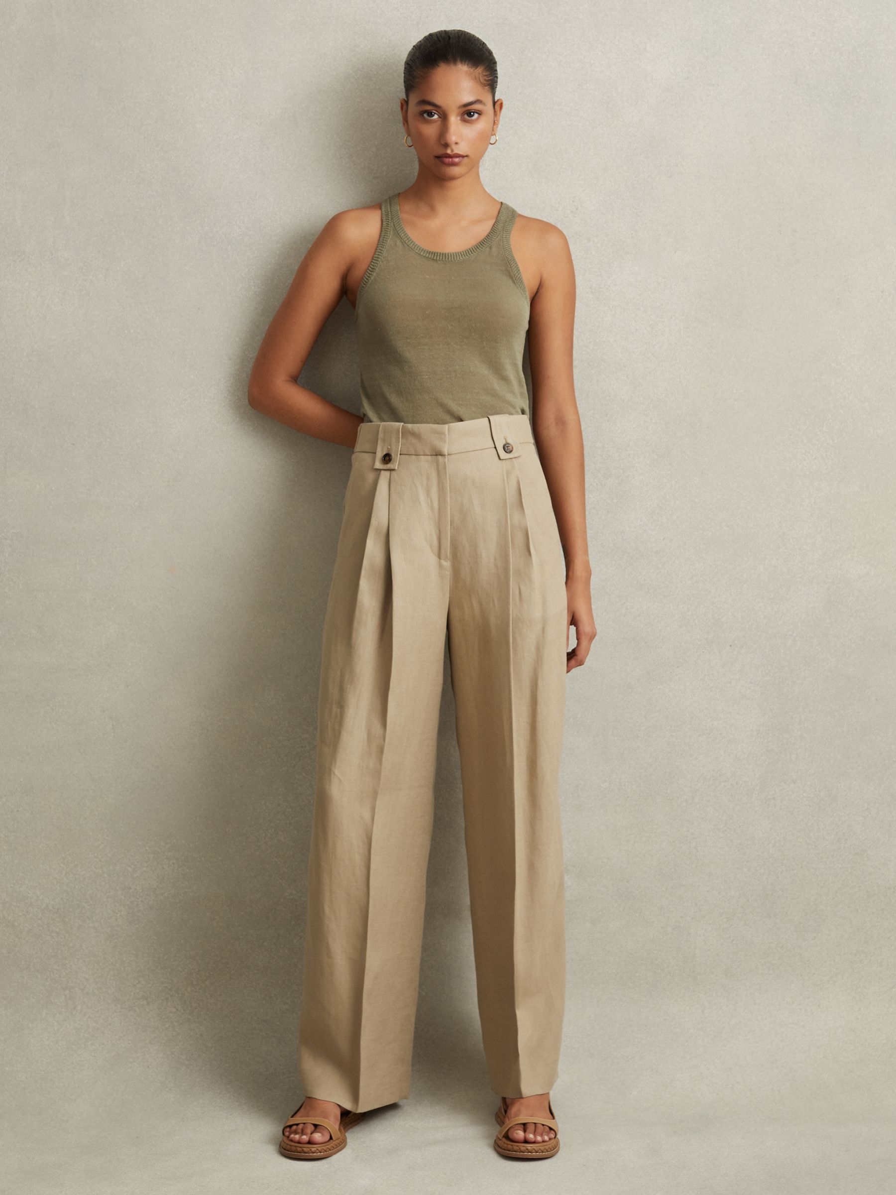 Petite Linen Front Pleat Trousers in Light Khaki - Image 3 of 7
