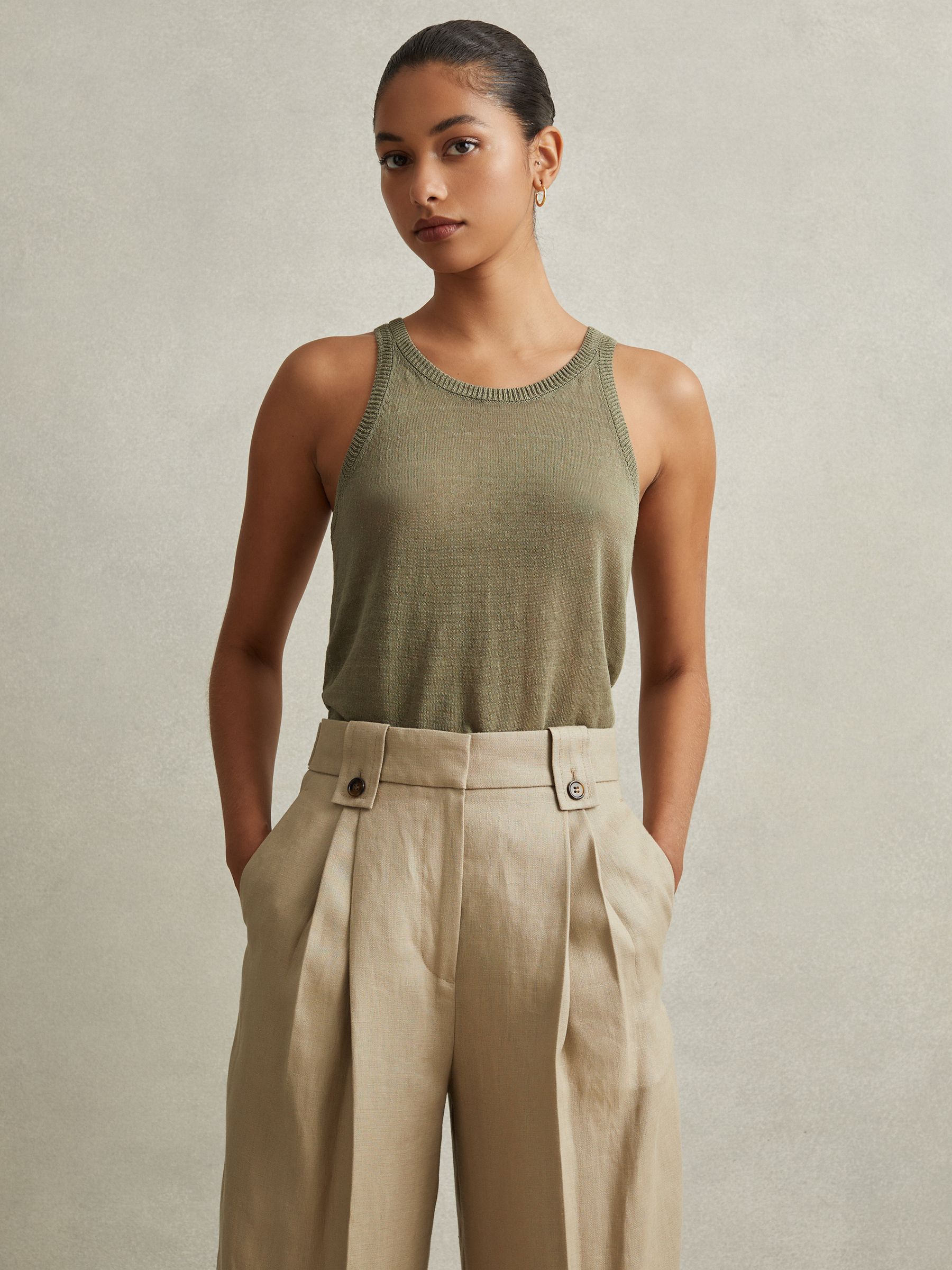 Petite Linen Front Pleat Trousers in Light Khaki - Image 4 of 7