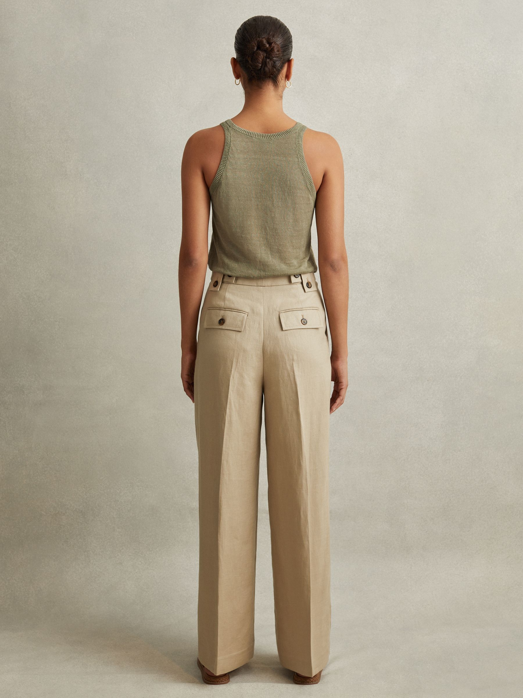 Petite Linen Front Pleat Trousers in Light Khaki - Image 5 of 7