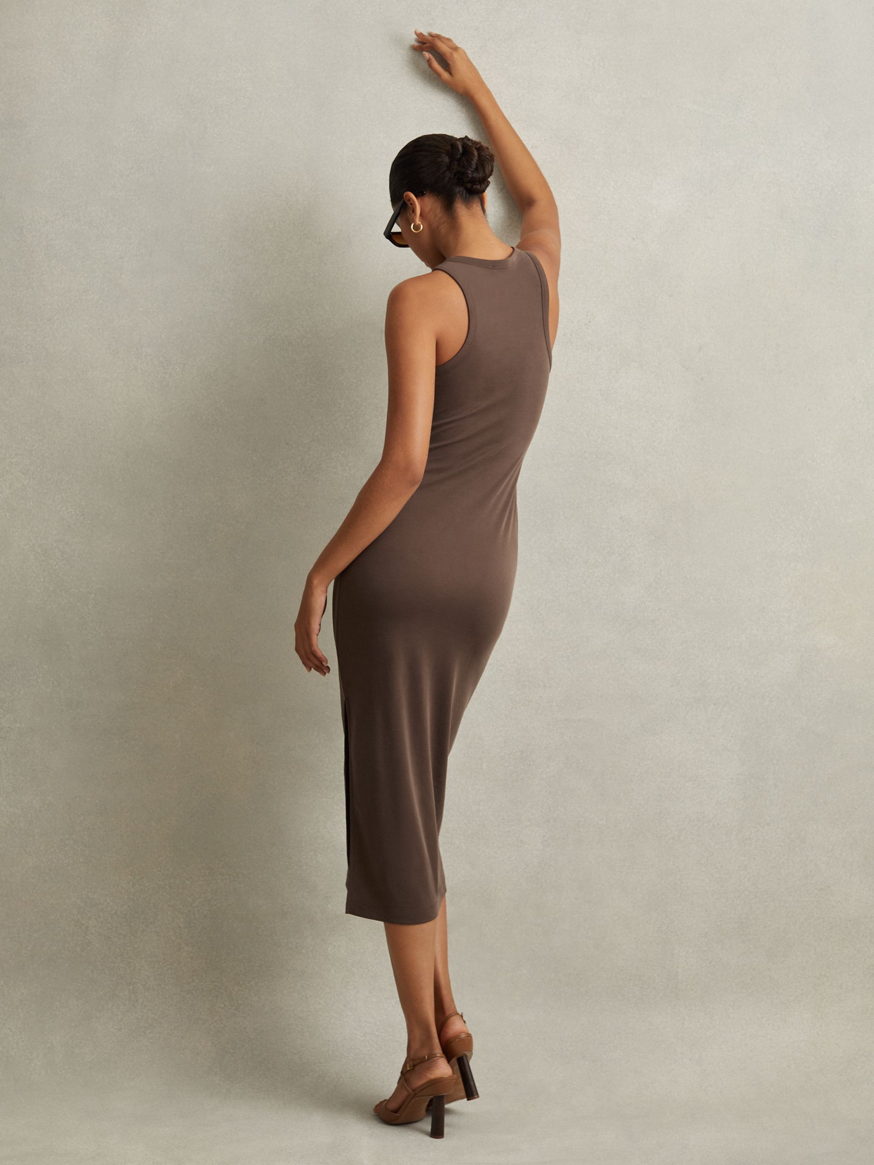 Ruched Jersey Bodycon Midi Dress in Mocha - Image 3 of 7