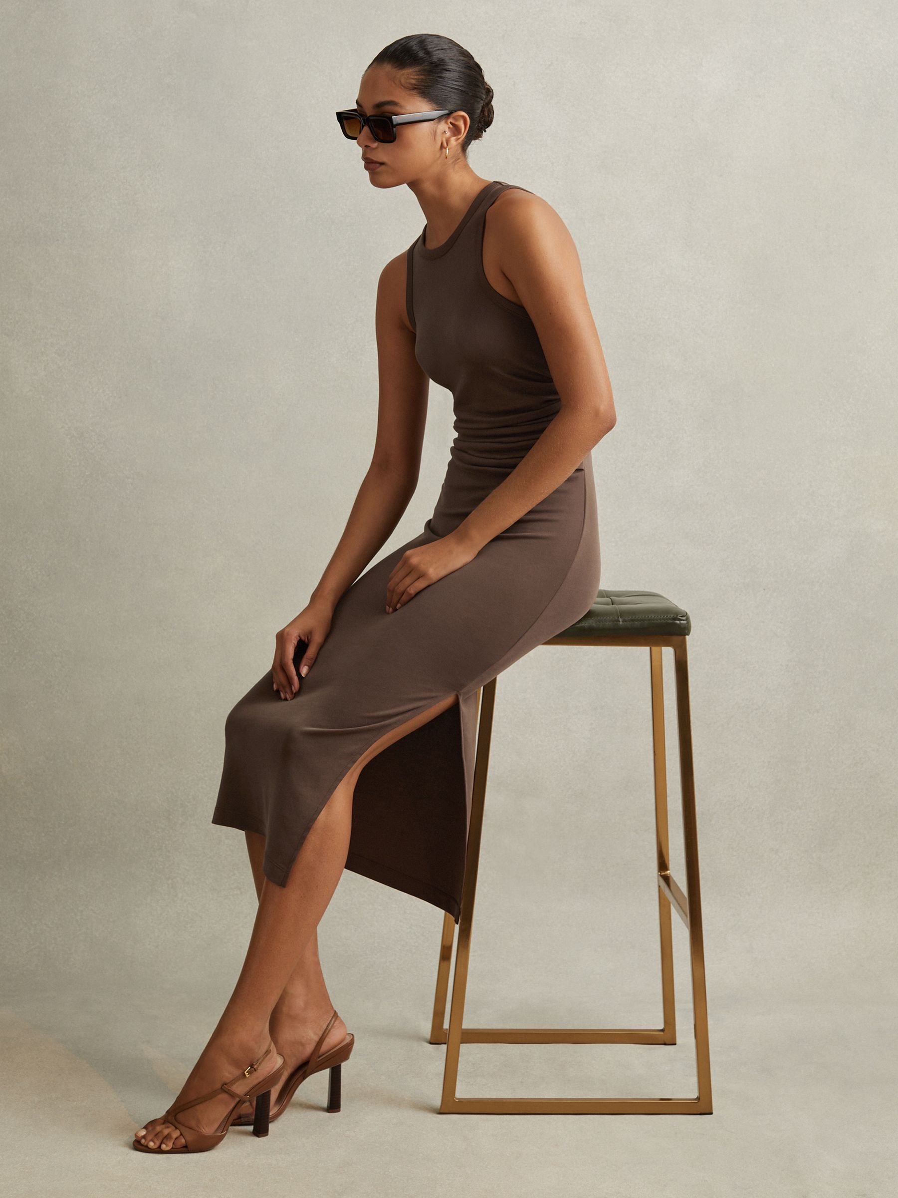 Ruched Jersey Bodycon Midi Dress in Mocha - Image 6 of 7