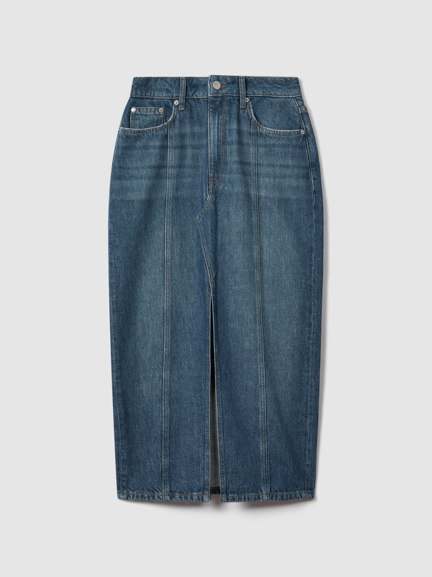 High Rise Denim Midi Skirt in Mid Blue - Image 2 of 5