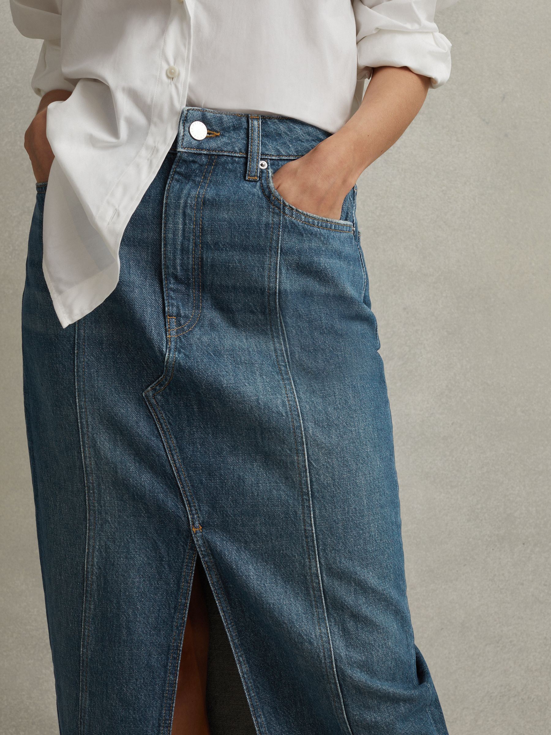 High Rise Denim Midi Skirt in Mid Blue - Image 3 of 5