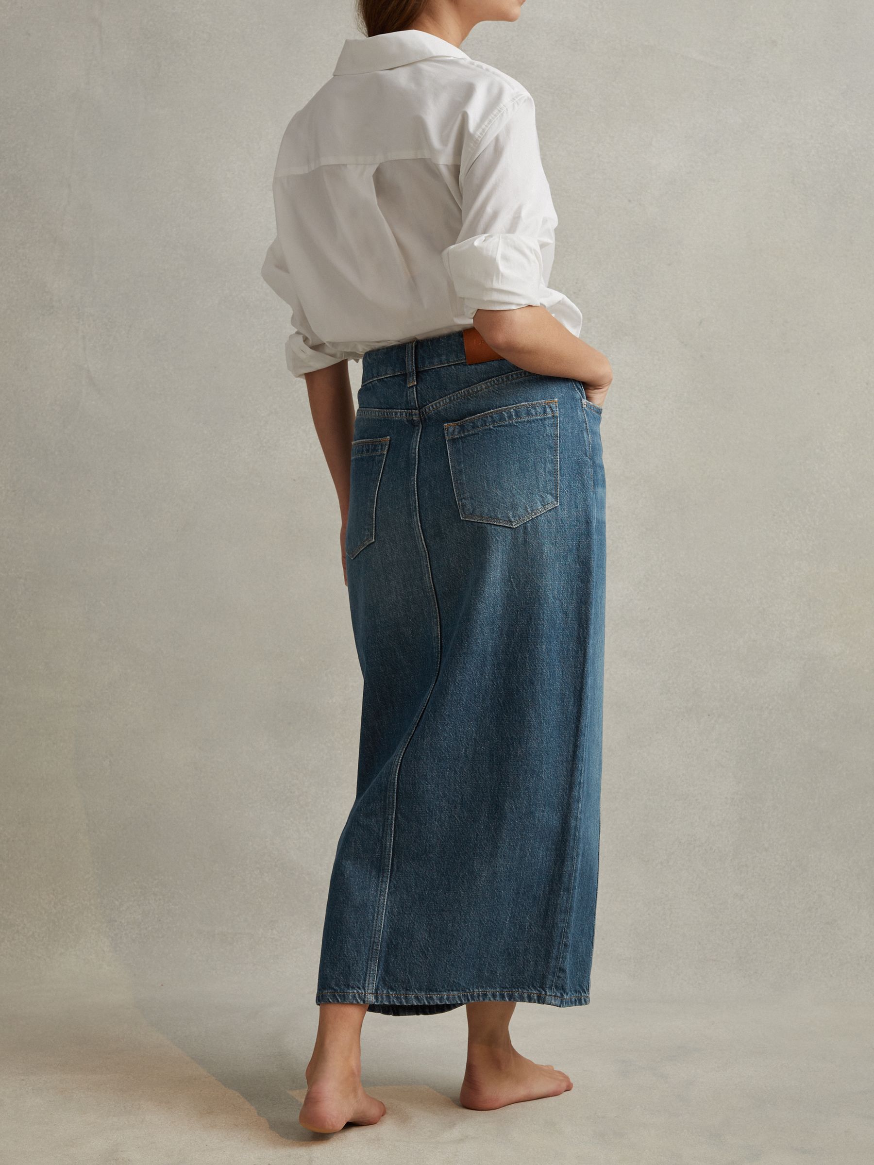 High Rise Denim Midi Skirt in Mid Blue - Image 4 of 5