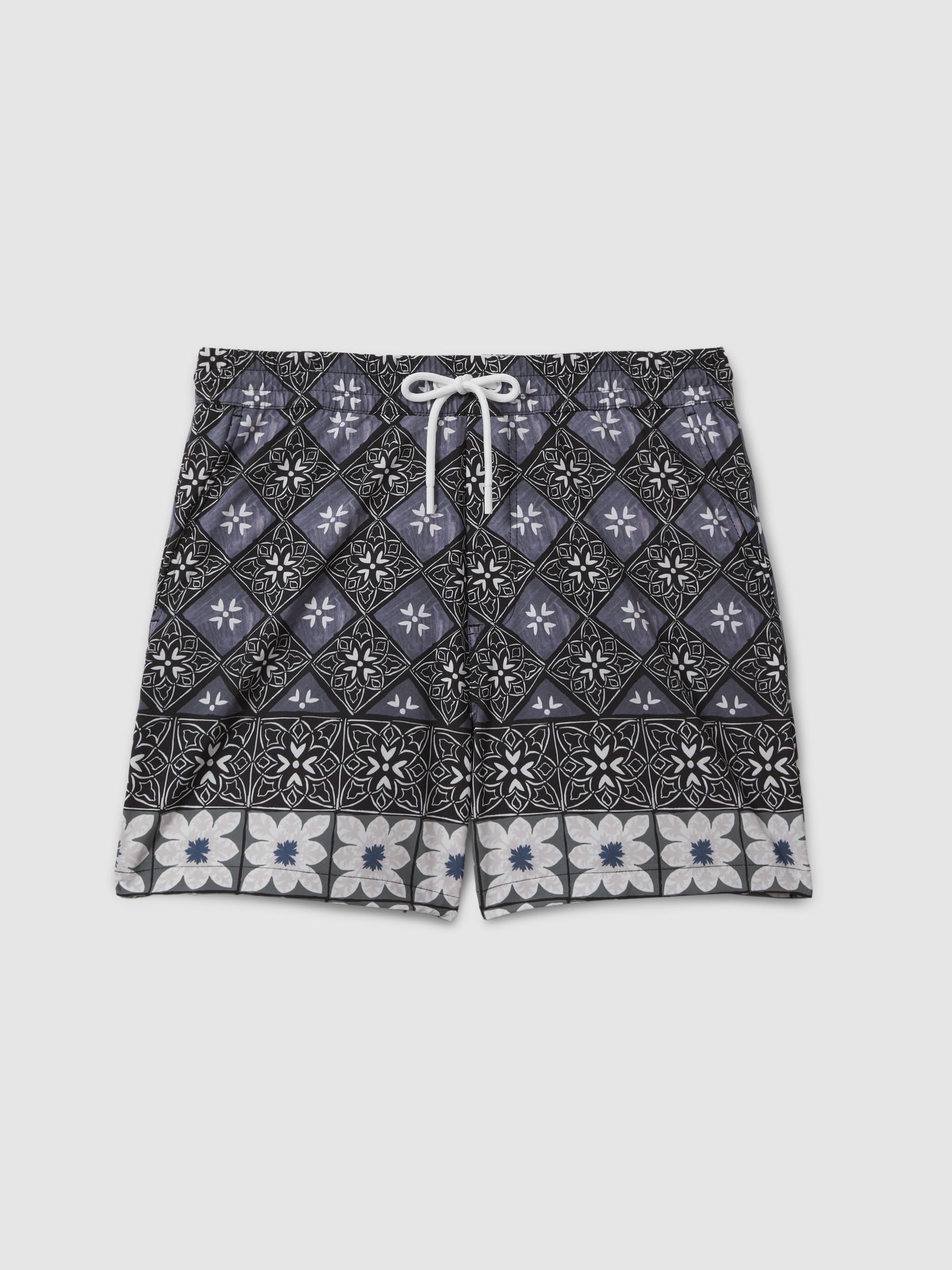 Medallion Print Drawstring Swim Shorts in Black Multi - Image 2 of 6