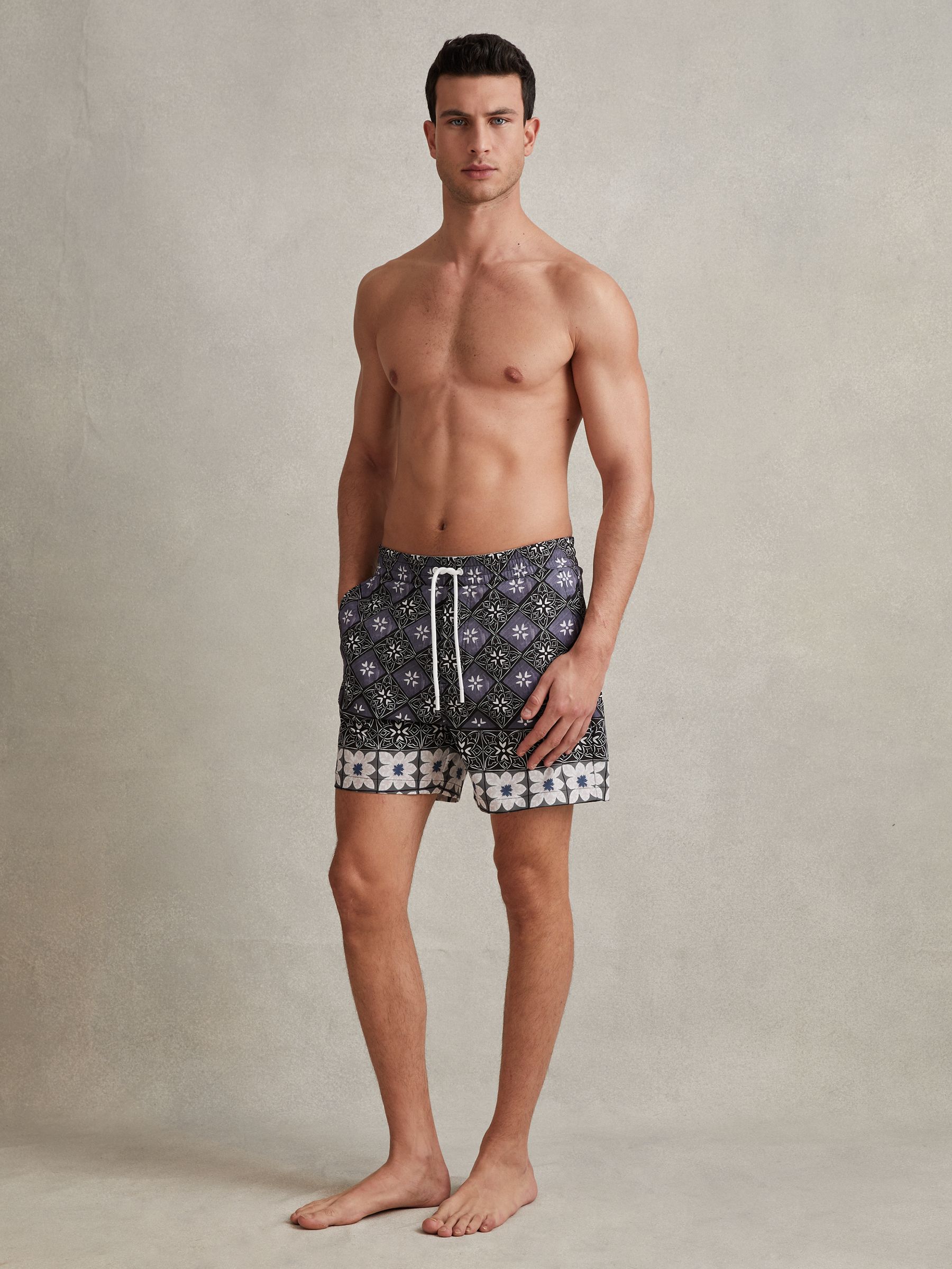 Medallion Print Drawstring Swim Shorts in Black Multi - Image 3 of 6
