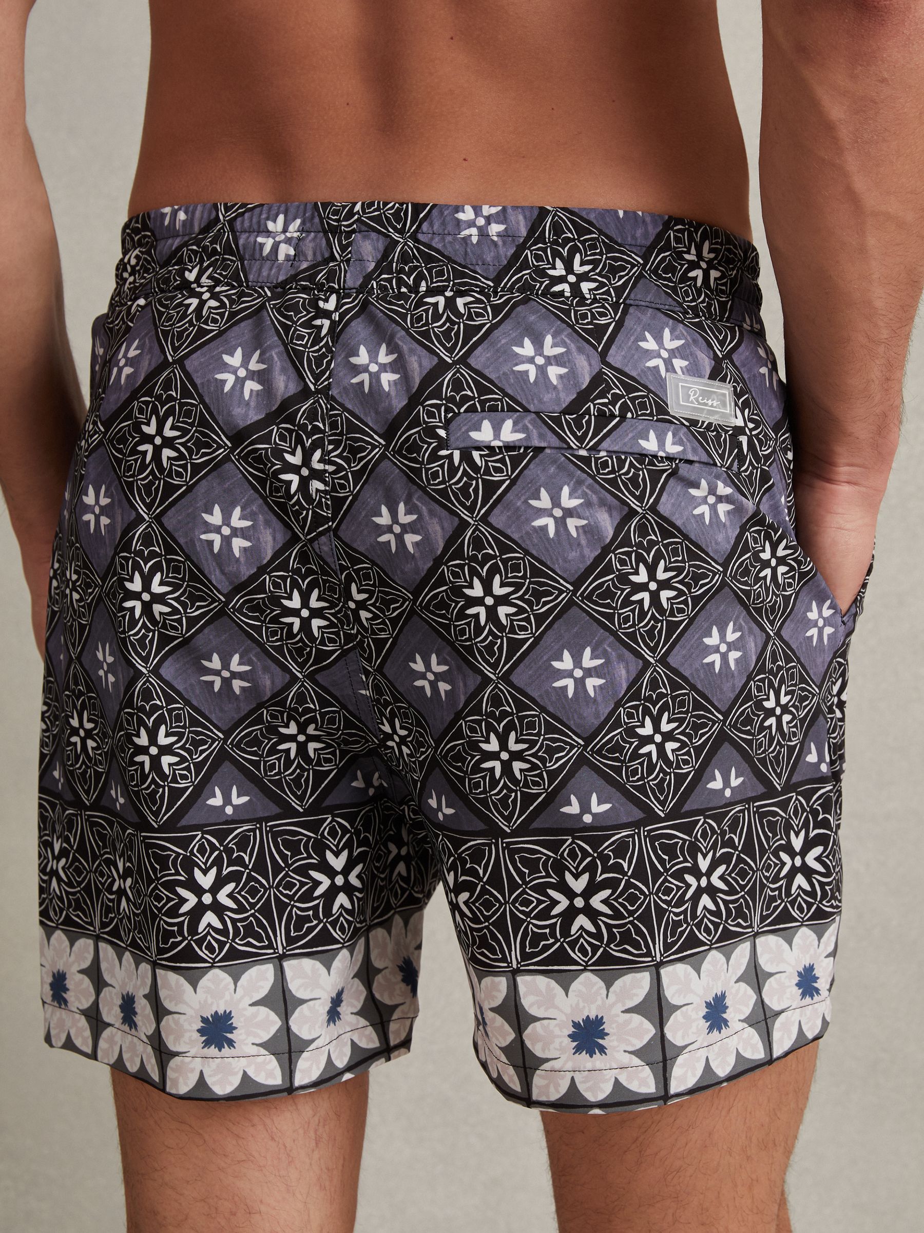 Medallion Print Drawstring Swim Shorts in Black Multi - Image 5 of 6
