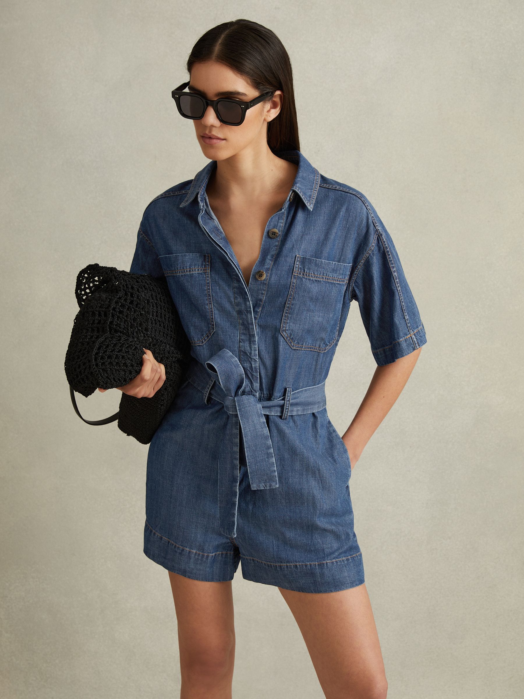 Denim Belted Playsuit in Indigo - Image 1 of 5