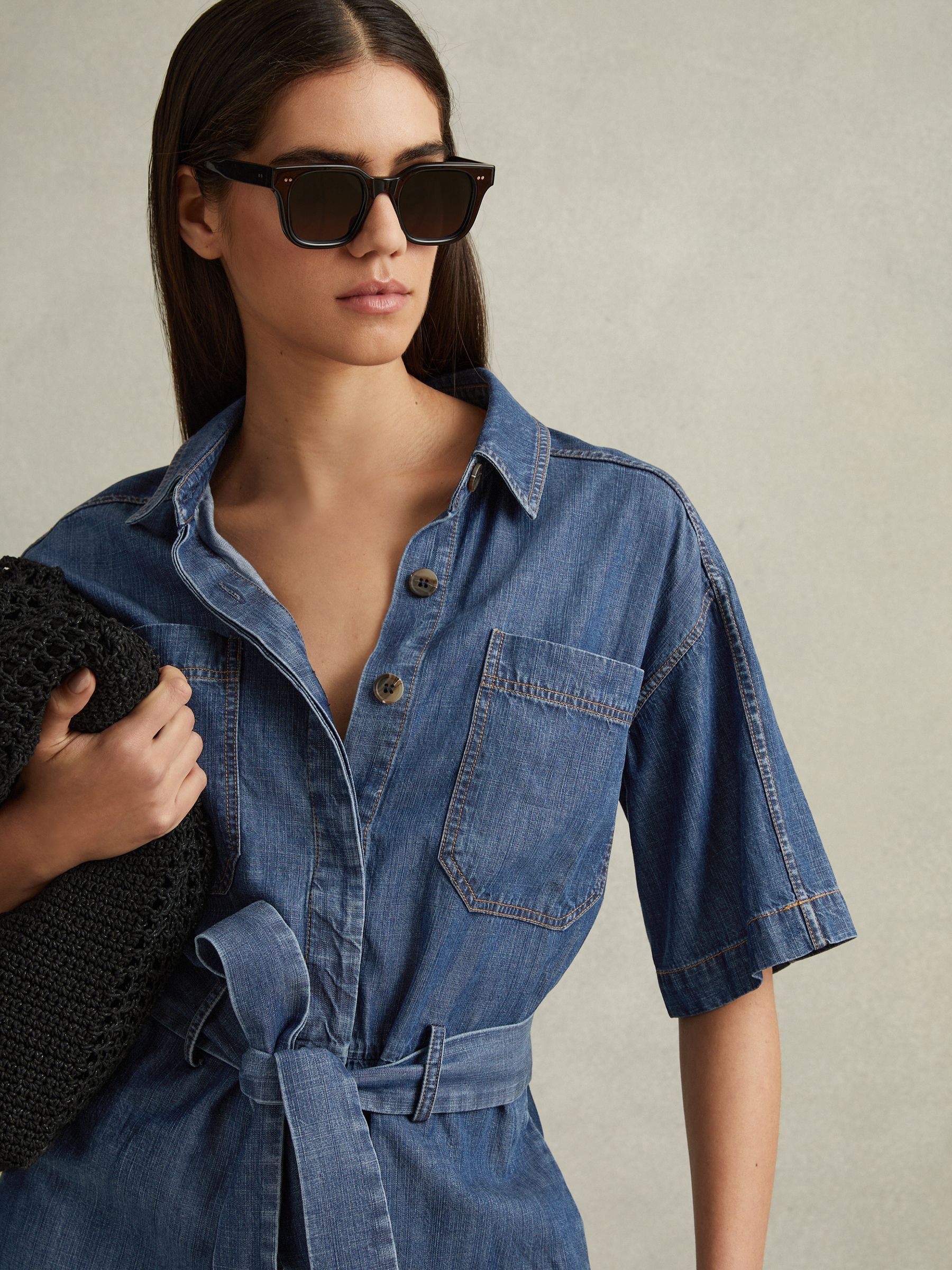 Denim Belted Playsuit in Indigo - Image 3 of 5