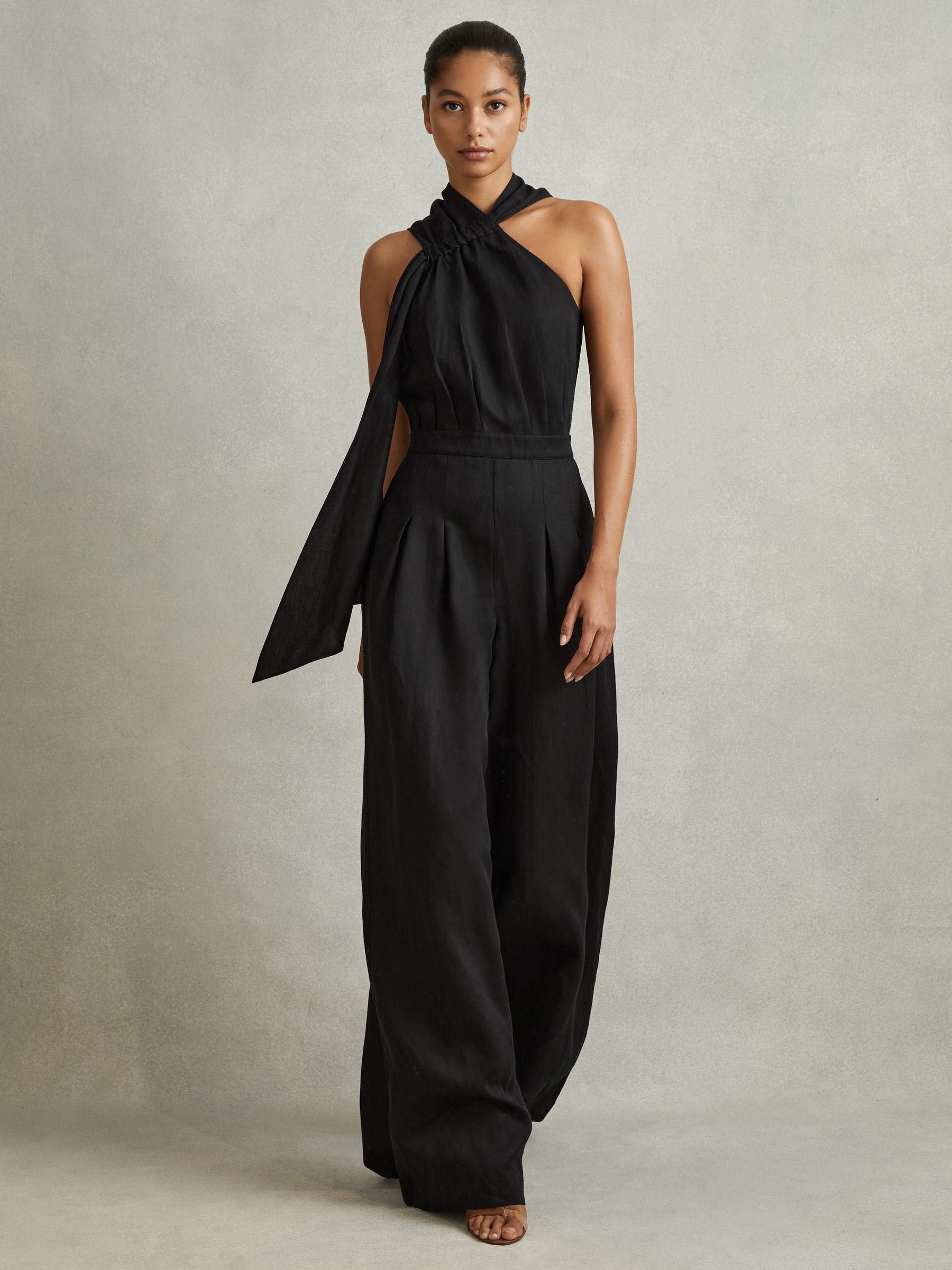 Linen Blend Drape Jumpsuit in Black - Image 1 of 6