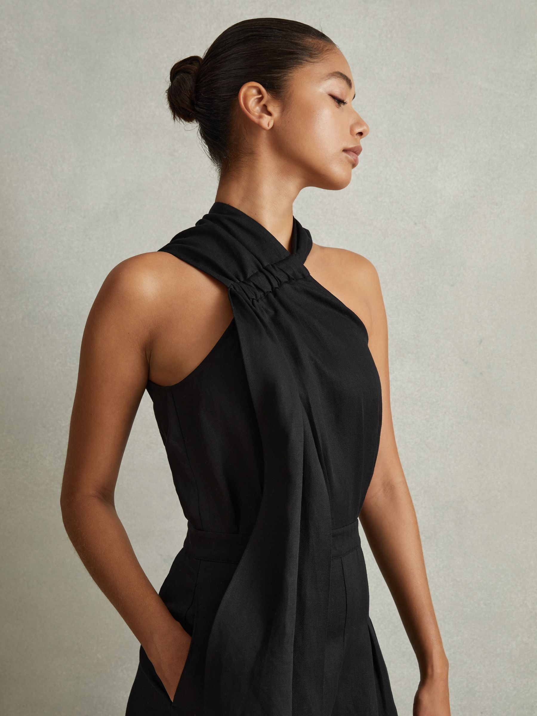 Linen Blend Drape Jumpsuit in Black - Image 3 of 6