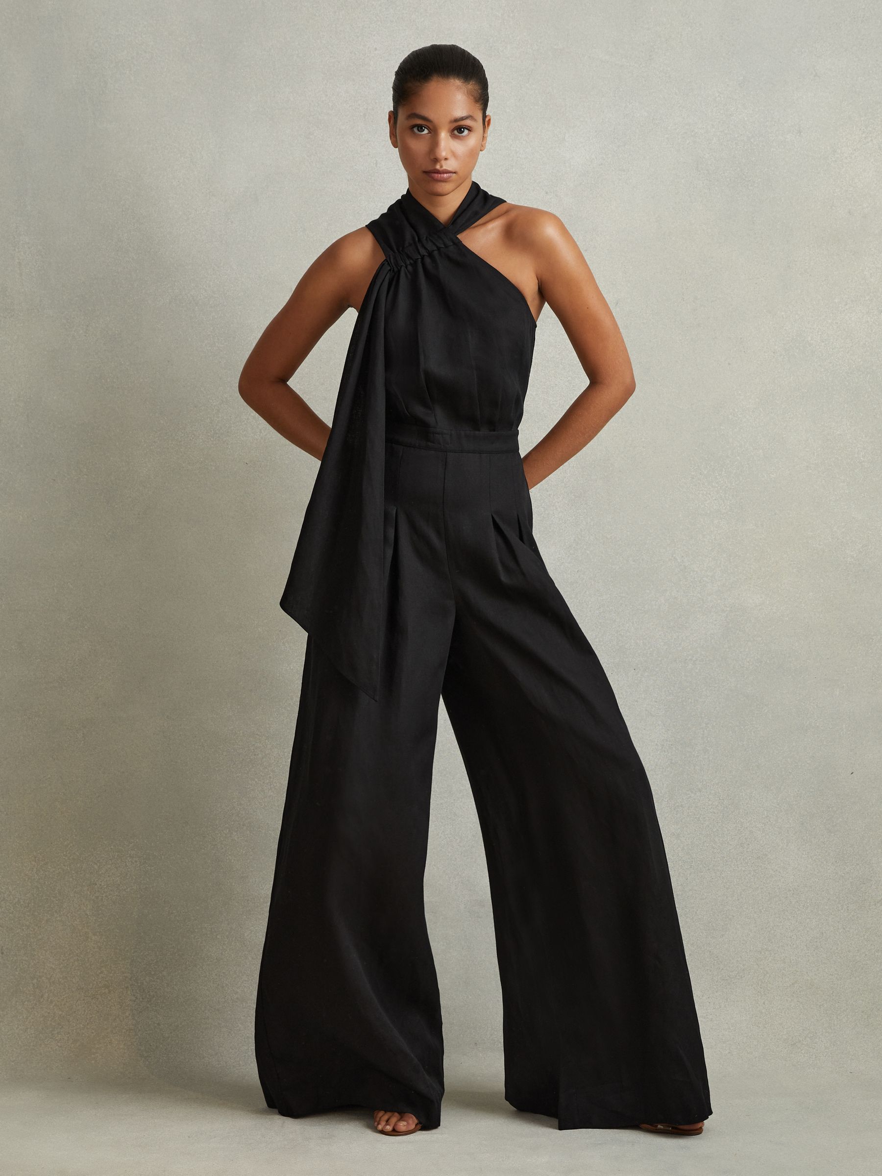 Linen Blend Drape Jumpsuit in Black - Image 4 of 6