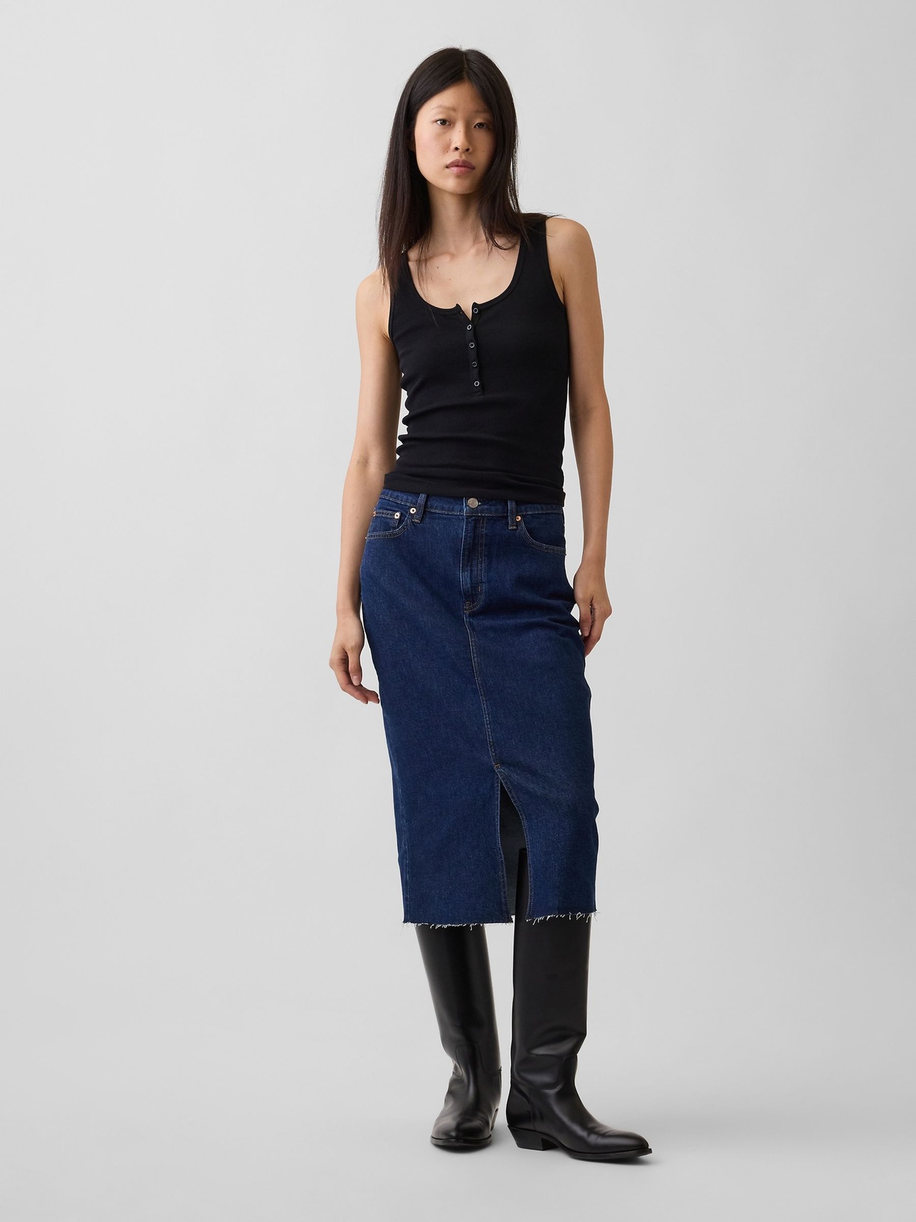Dark Wash Denim Midi Pencil Skirt - Image 1 of 5 Dark Wash Denim Midi Pencil Skirt - Image 1 of 5