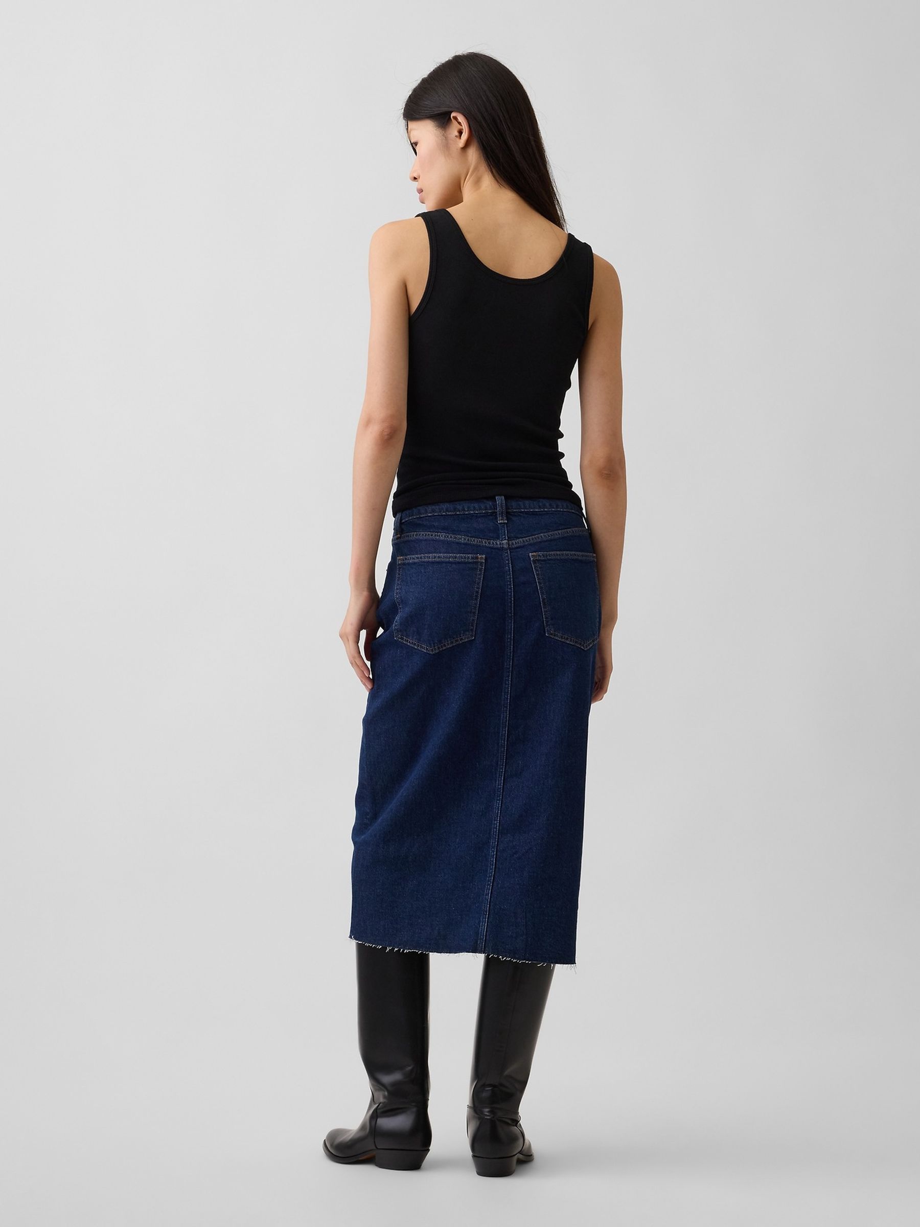 Dark Wash Denim Midi Pencil Skirt - Image 2 of 5 Dark Wash Denim Midi Pencil Skirt - Image 2 of 5