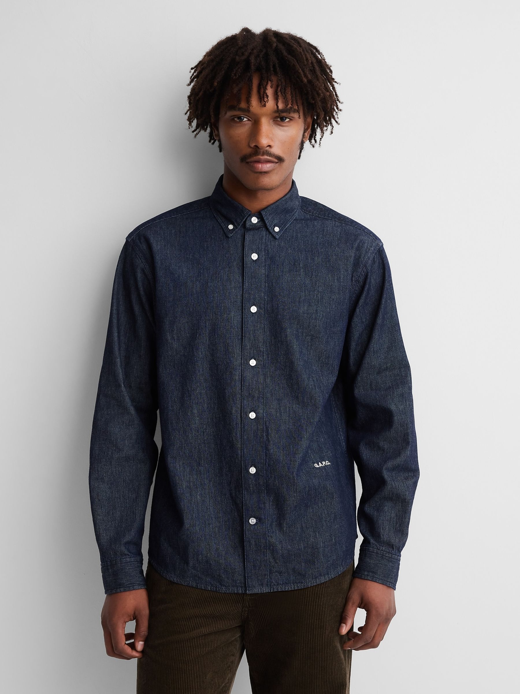 Gap x A.P.C. Dark Wash Denim Relaxed Shirt - Image 1 of 7 Gap x A.P.C. Dark Wash Denim Relaxed Shirt - Image 1 of 7