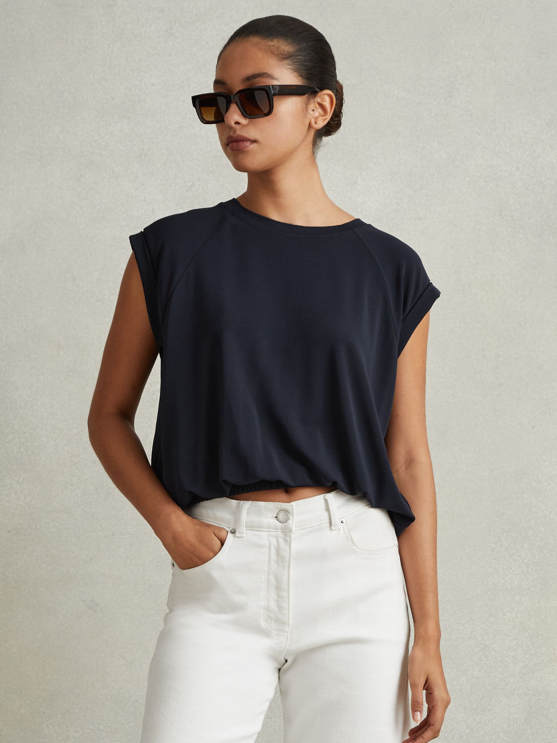 Elasticated Hem Raglan Sleeve Top in Navy - Image 1 of 6
