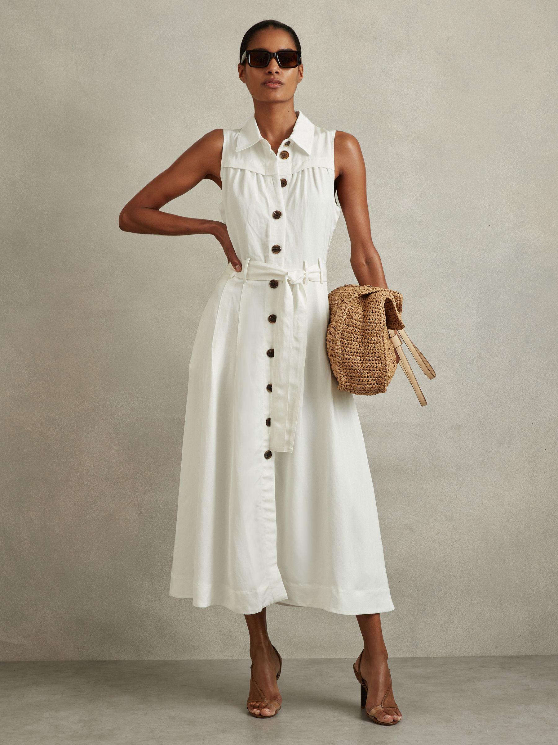 Viscose-Linen Belted Midi Dress in White - Image 1 of 6