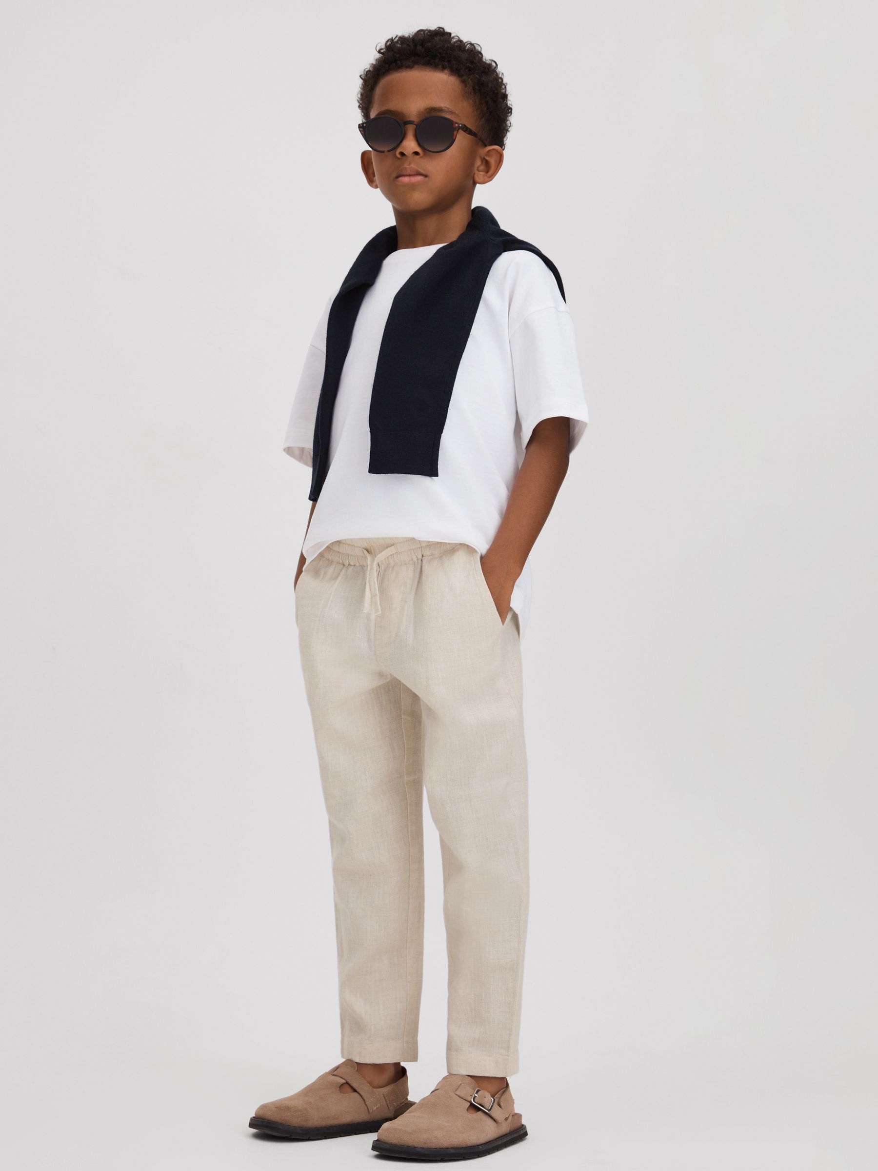 Senior Linen Drawstring Tapered Trousers in Stone - Image 3 of 4