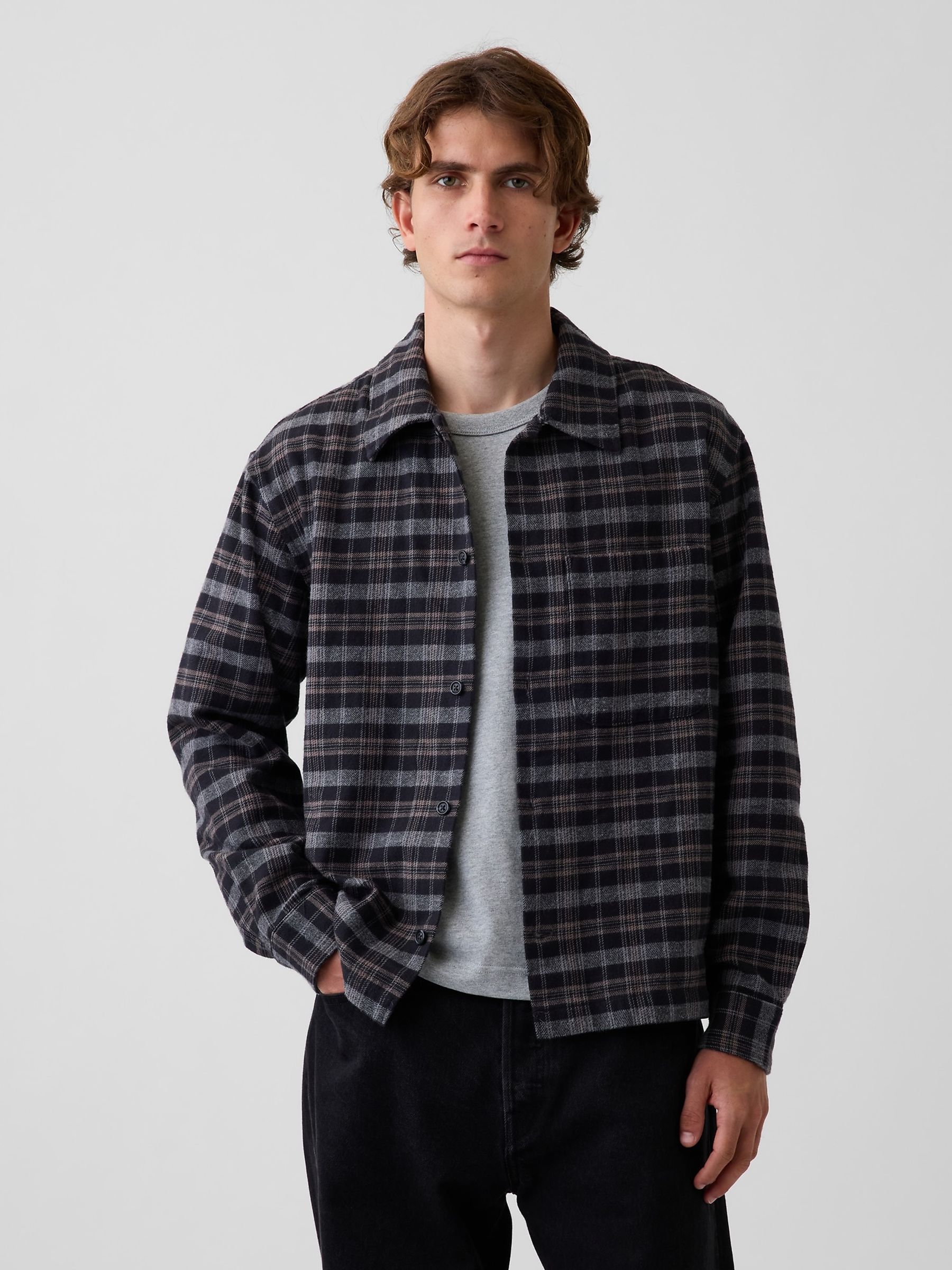 Black/Grey Check Relaxed Straight-Hem Flannel Shirt - Image 1 of 4 Black/Grey Check Relaxed Straight-Hem Flannel Shirt - Image 1 of 4