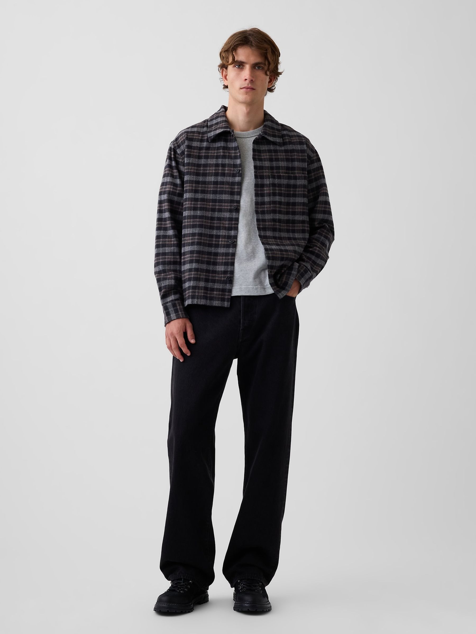 Black/Grey Check Relaxed Straight-Hem Flannel Shirt - Image 3 of 4